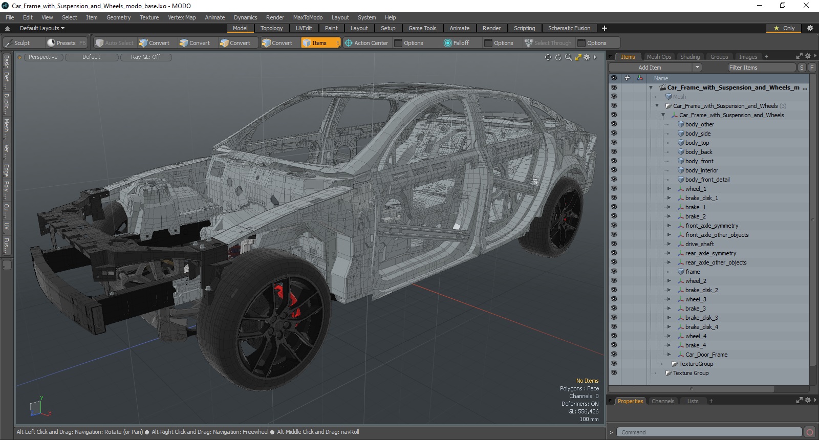3D Car Frame with Suspension and Wheels