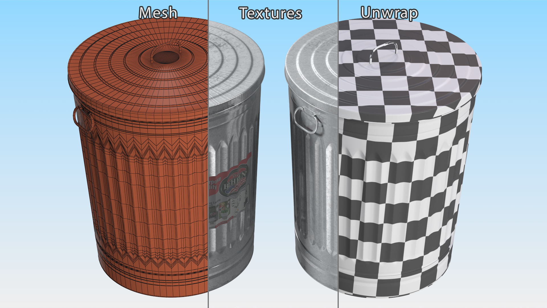 3D Galvanized Steel Trash Can