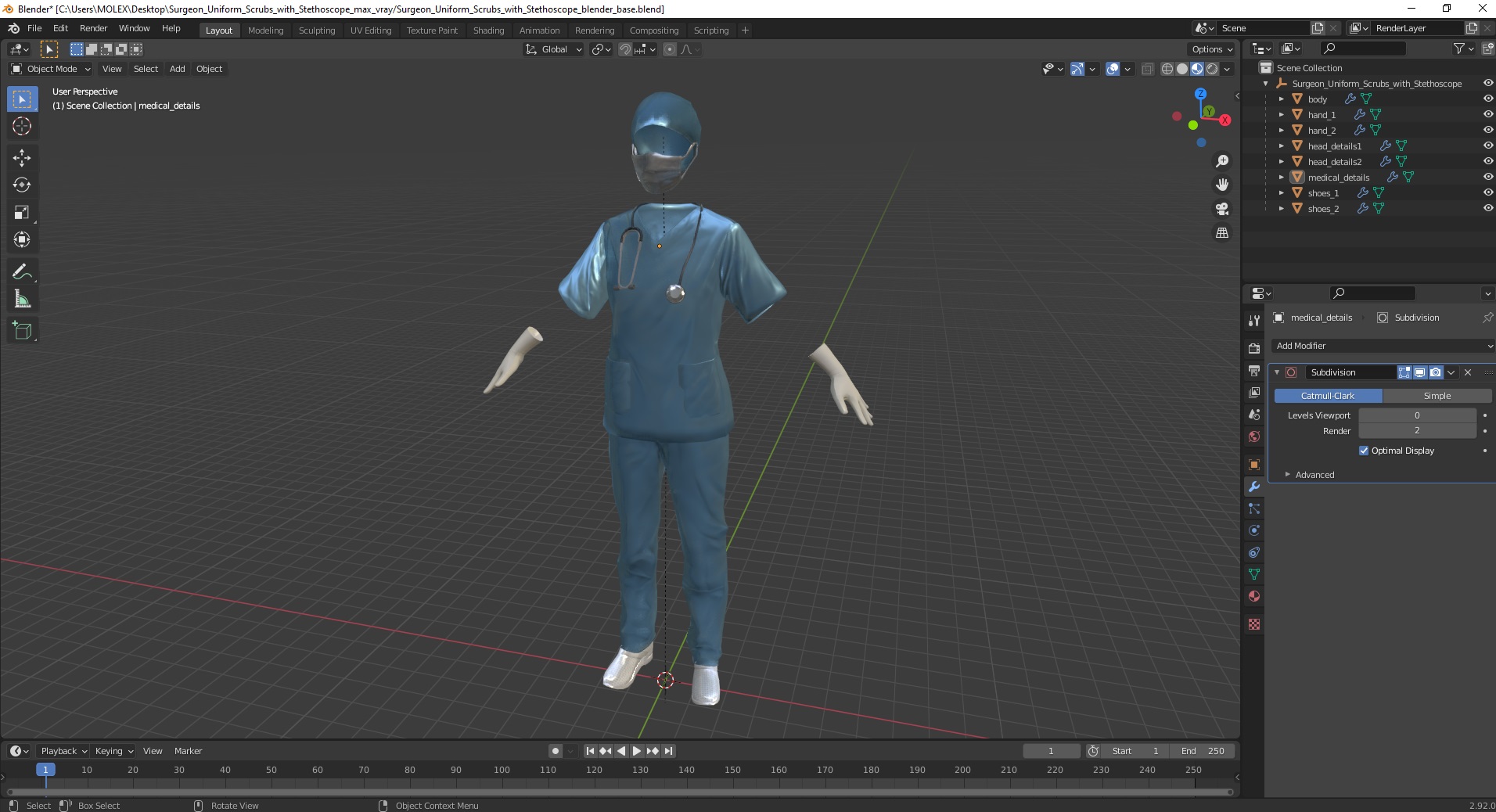 Surgeon Uniform Scrubs with Stethoscope 3D model