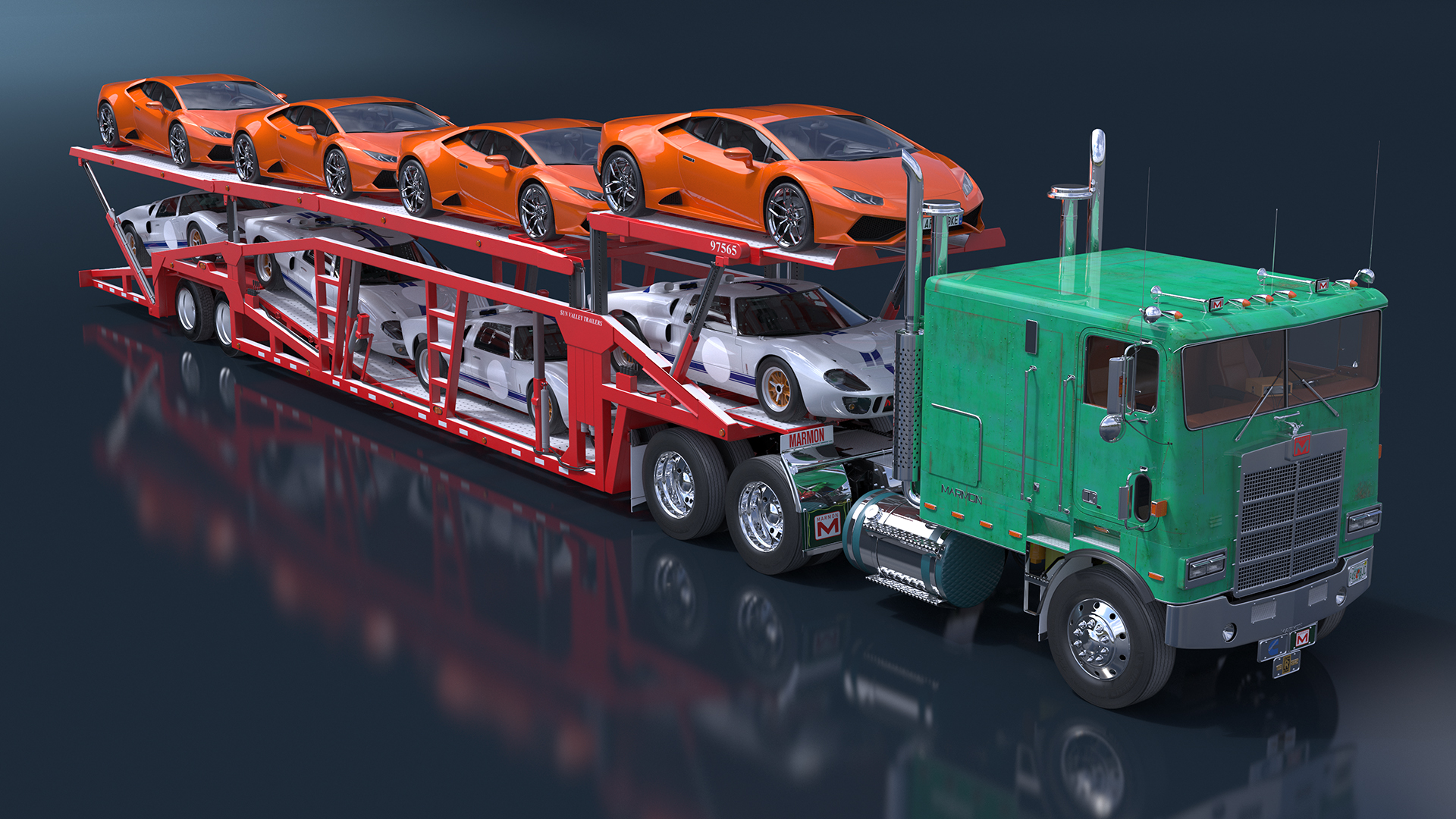 3D Marmon Truck with Car Carrier Loaded Cars