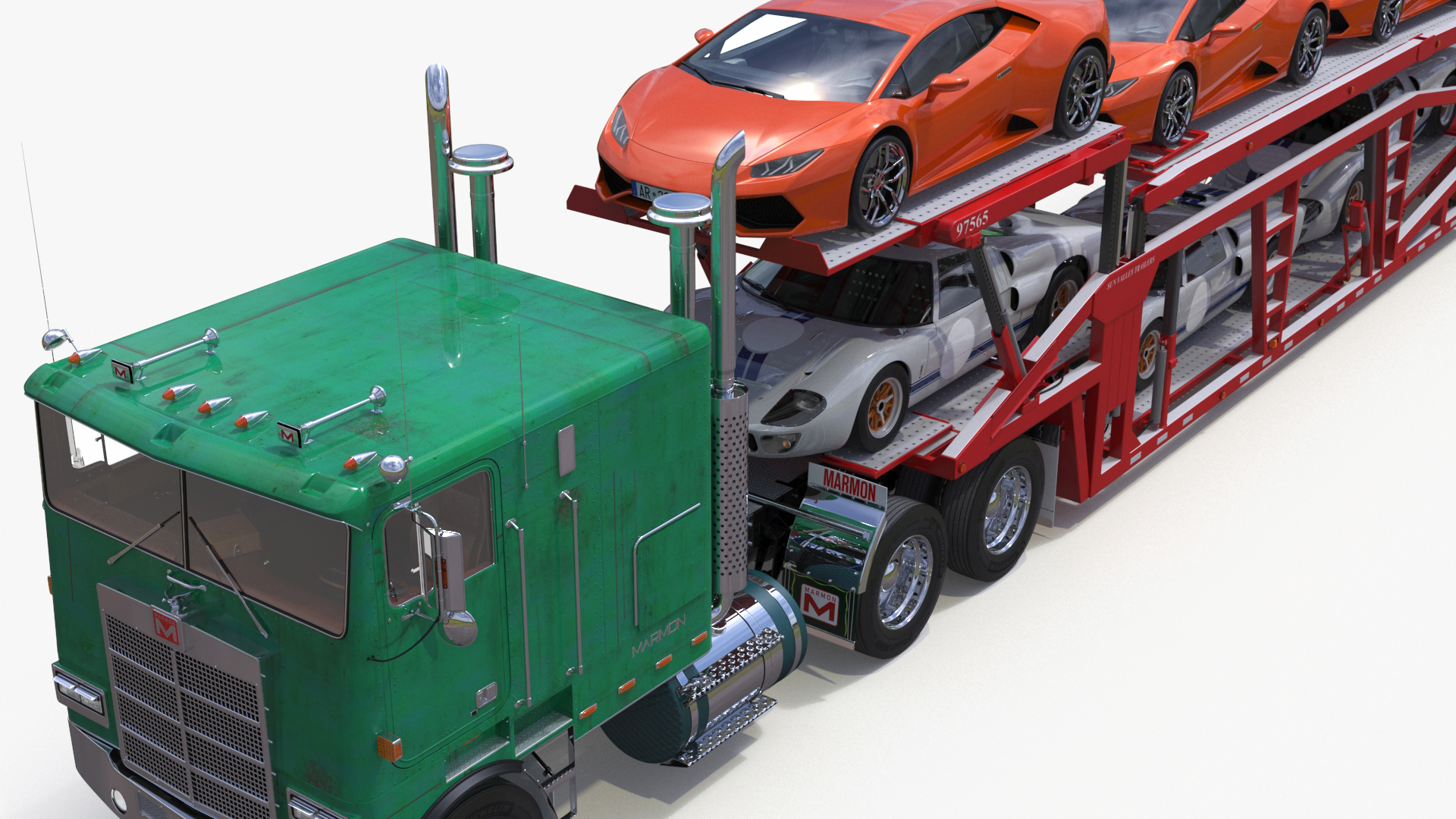 3D Marmon Truck with Car Carrier Loaded Cars