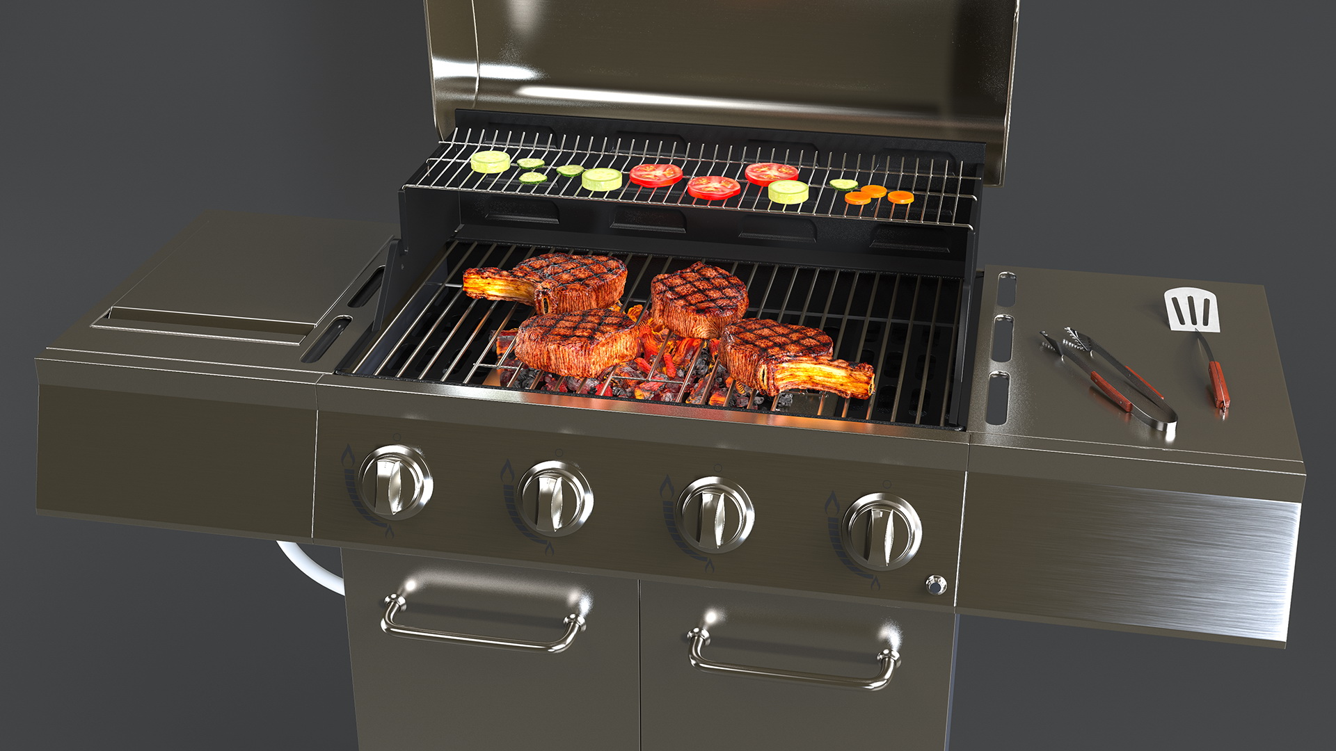 Gas Grill with Meat and Vegetables 3D model
