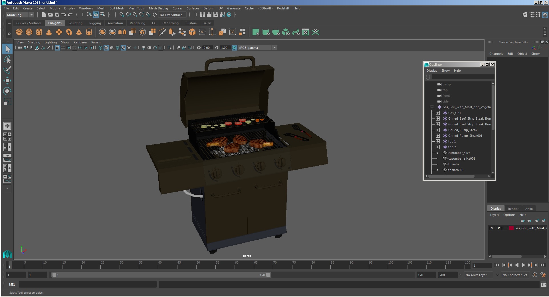 Gas Grill with Meat and Vegetables 3D model