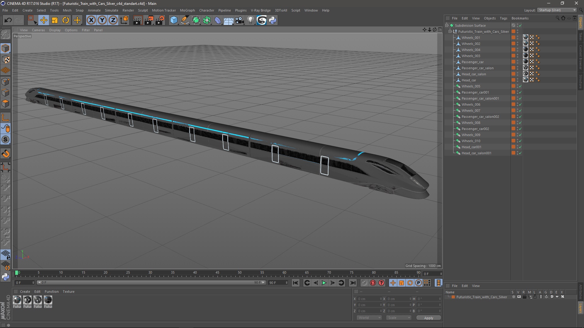 3D Futuristic Train with Cars Silver model