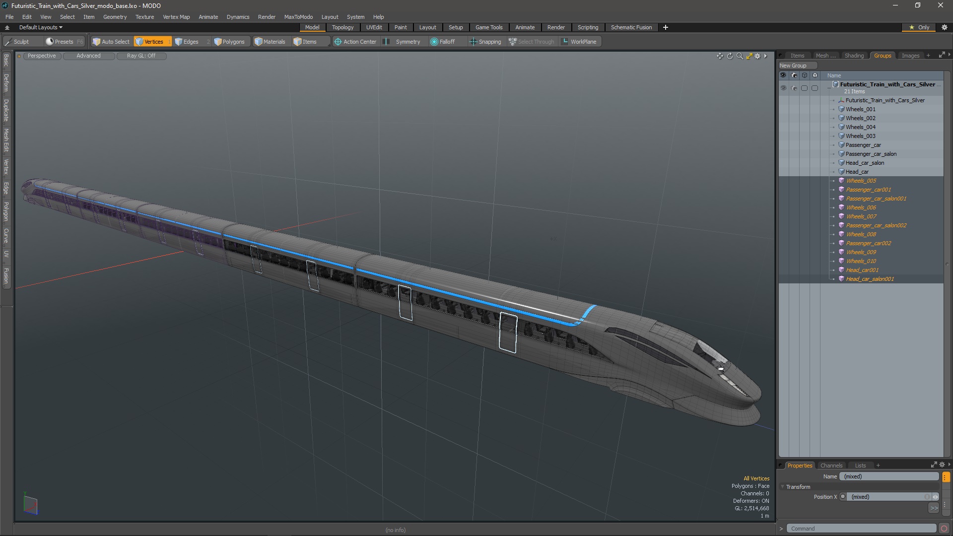 3D Futuristic Train with Cars Silver model