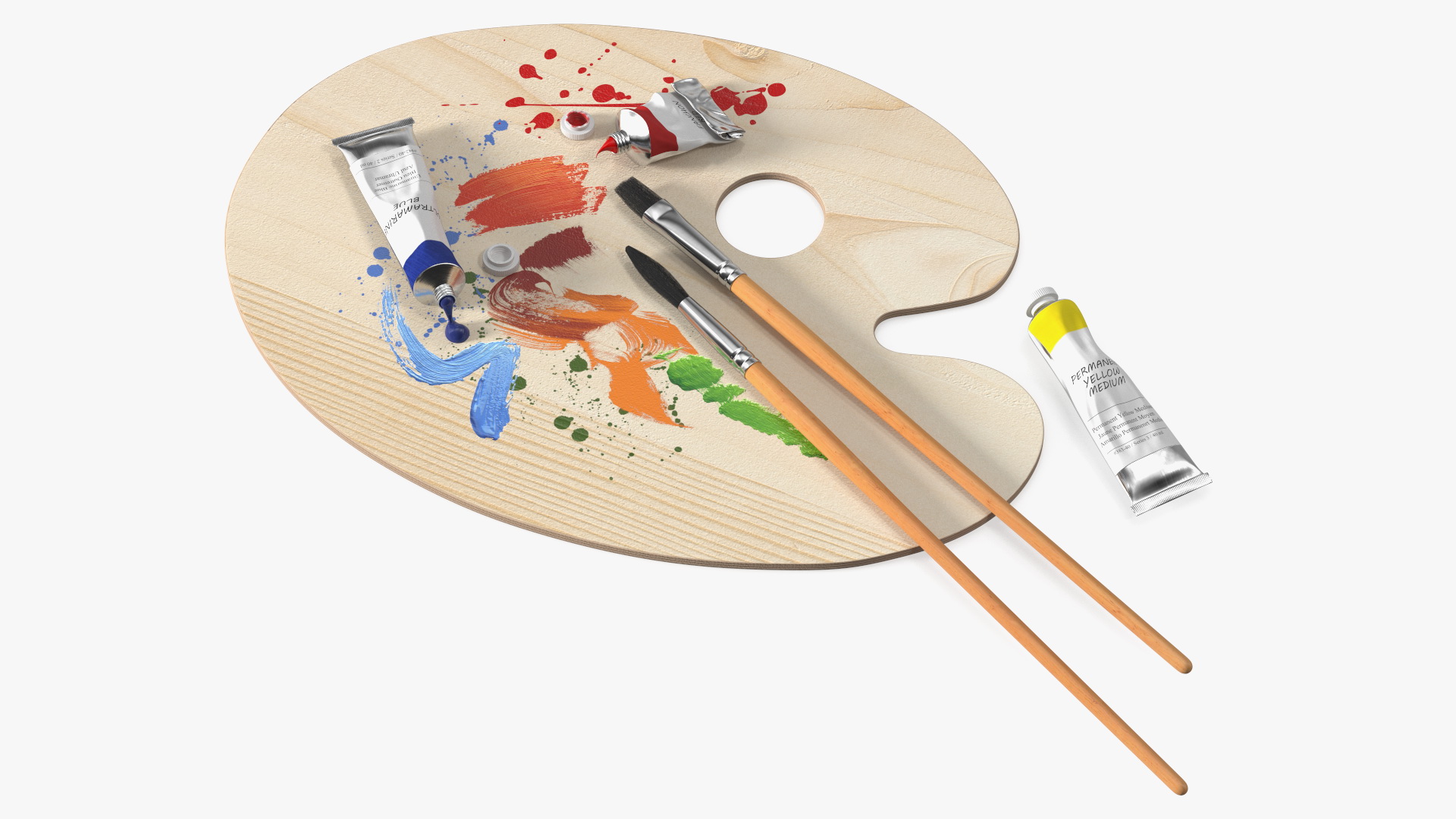 3D model Wooden Paint Palette With Oil Paint Tube