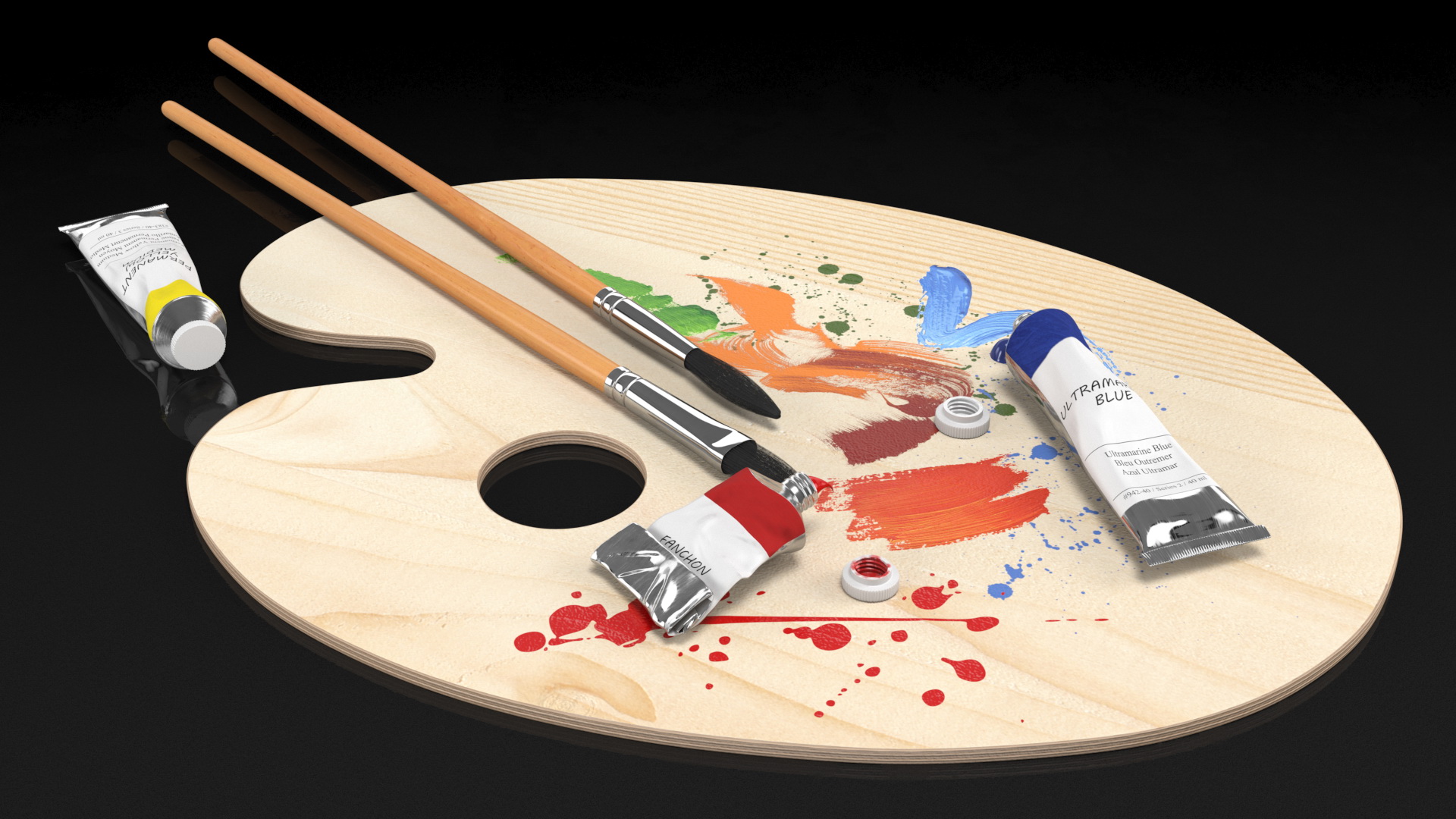 3D model Wooden Paint Palette With Oil Paint Tube