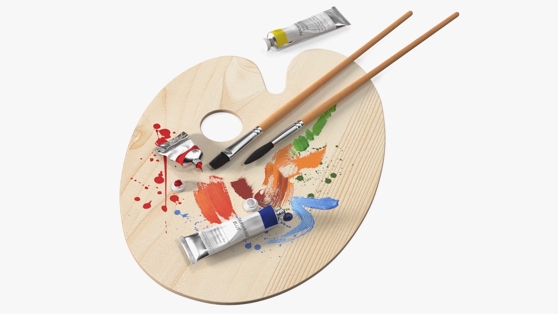 3D model Wooden Paint Palette With Oil Paint Tube