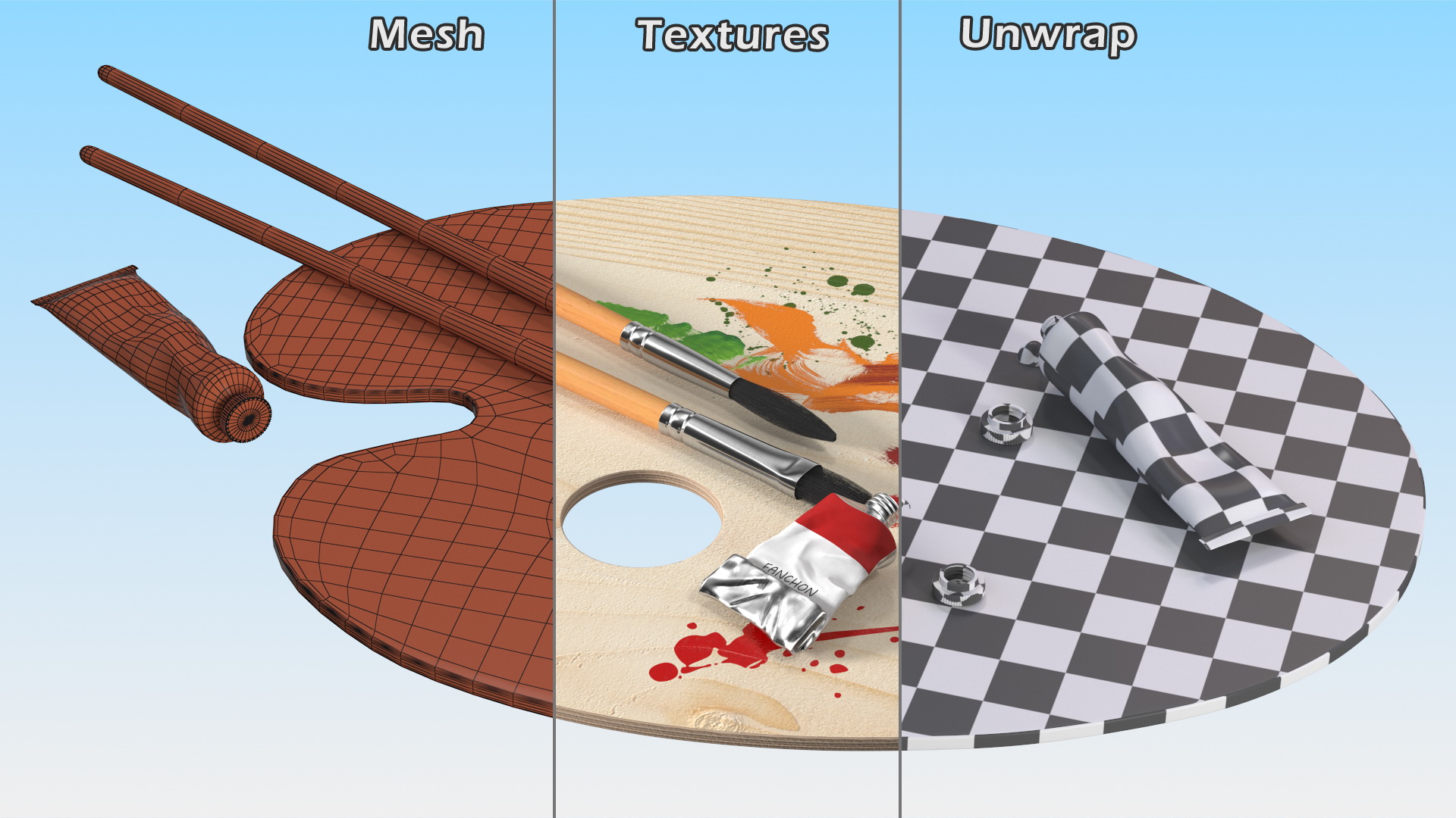 3D model Wooden Paint Palette With Oil Paint Tube