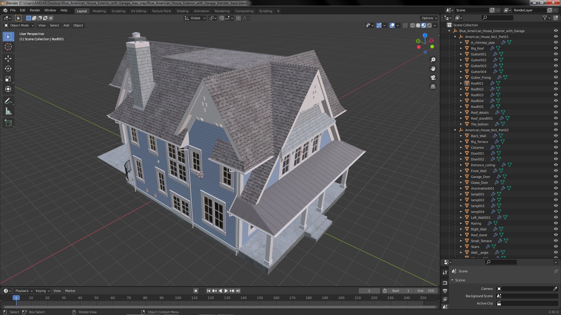 3D model Blue American House Exterior with Garage