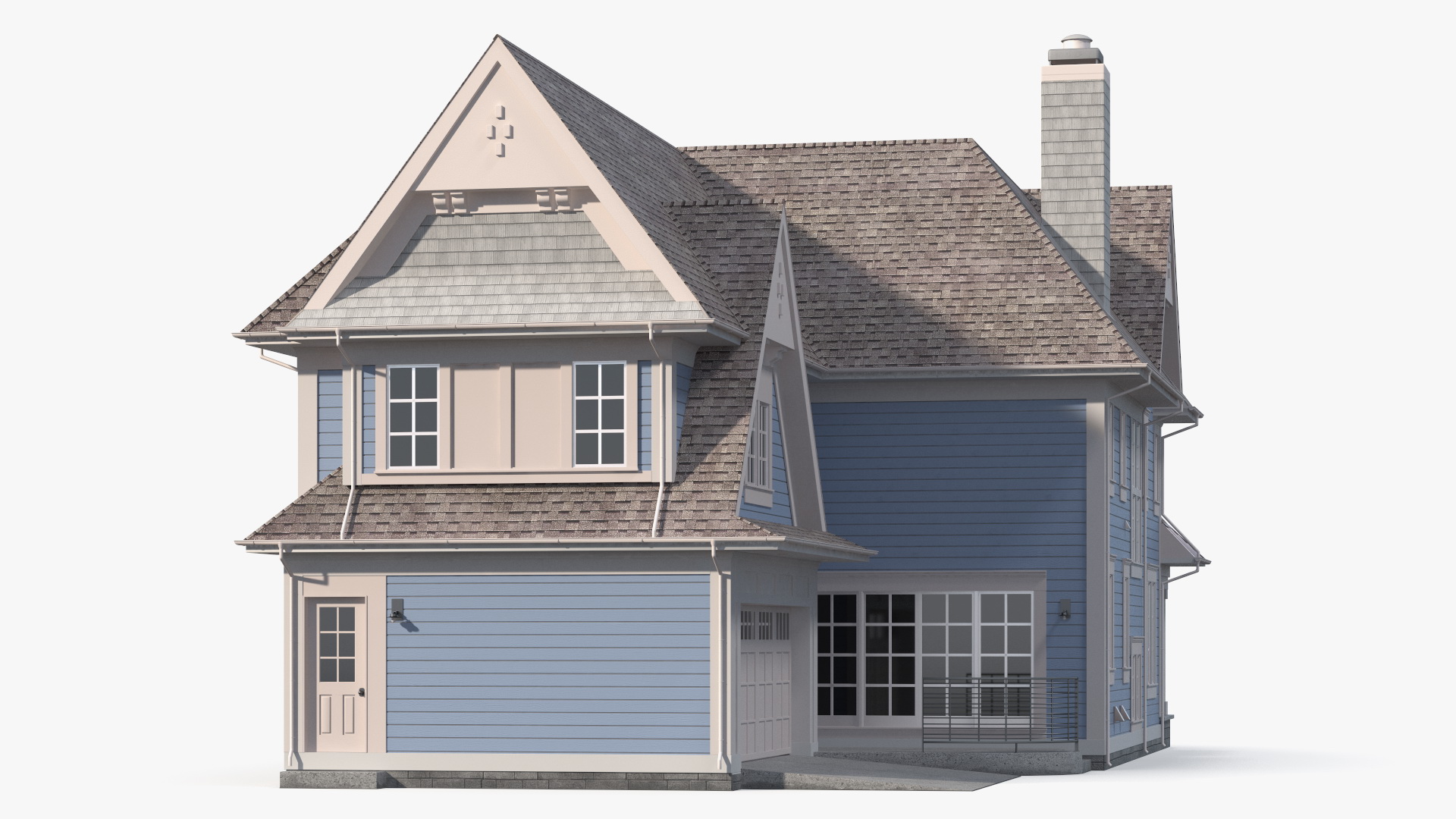 3D model Blue American House Exterior with Garage