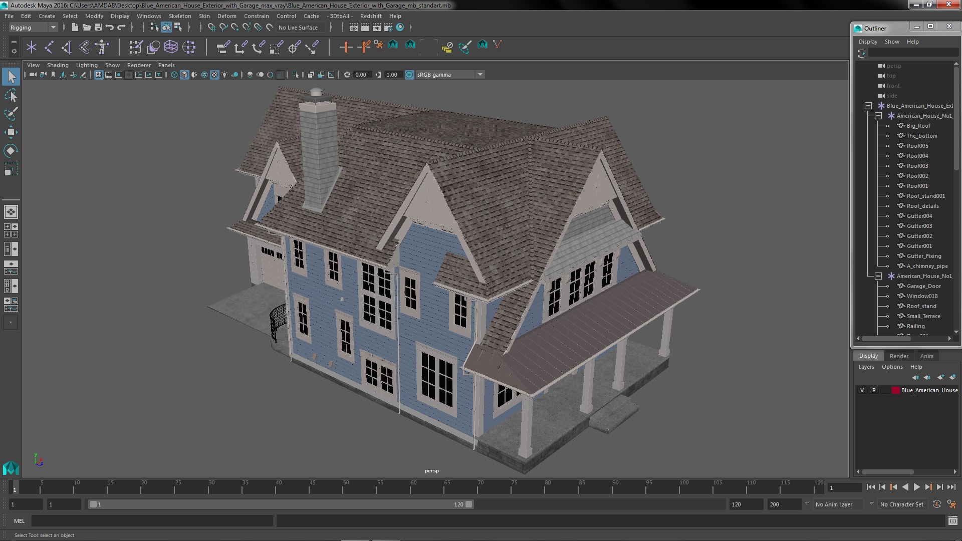 3D model Blue American House Exterior with Garage