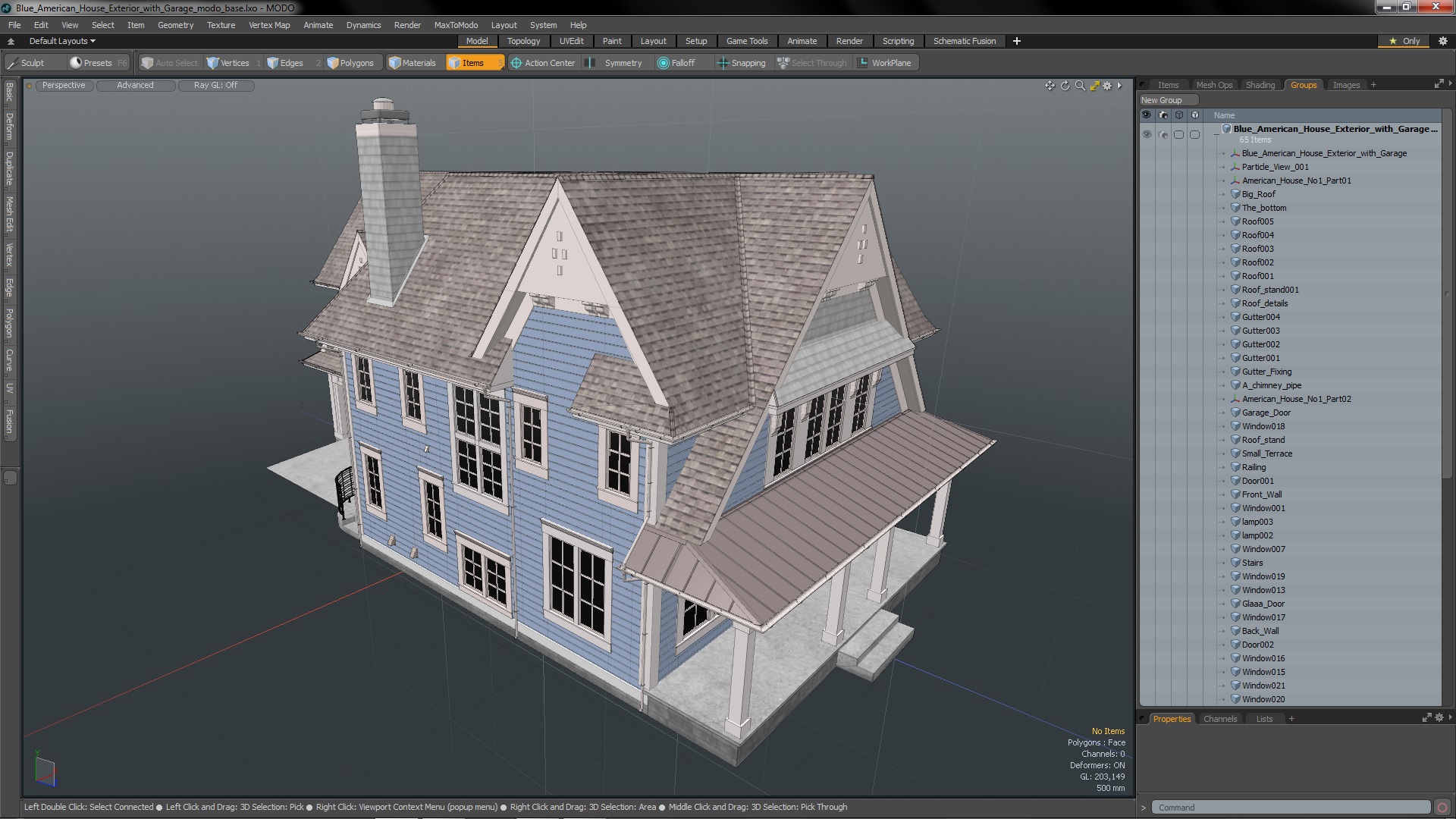 3D model Blue American House Exterior with Garage