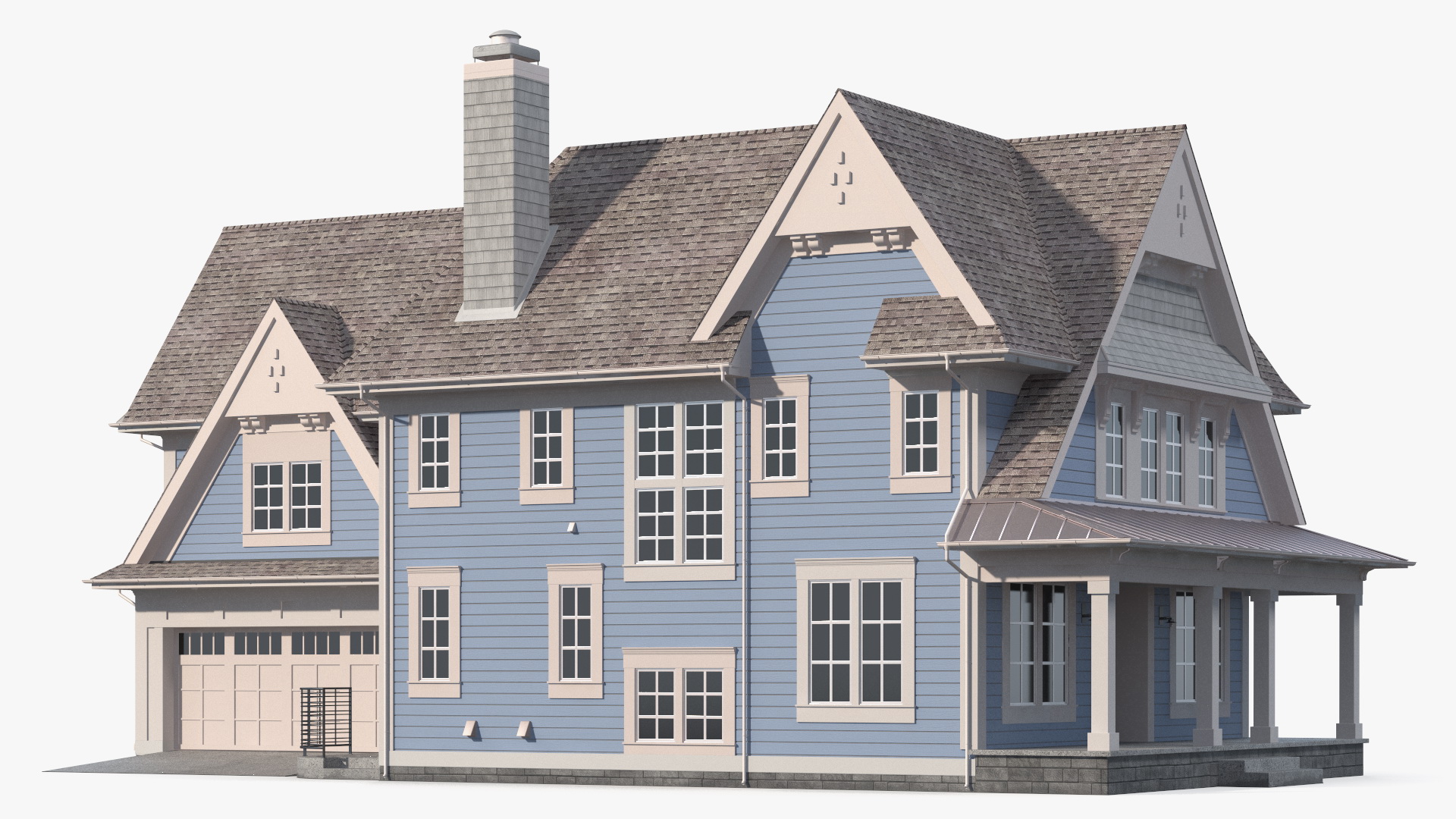 3D model Blue American House Exterior with Garage