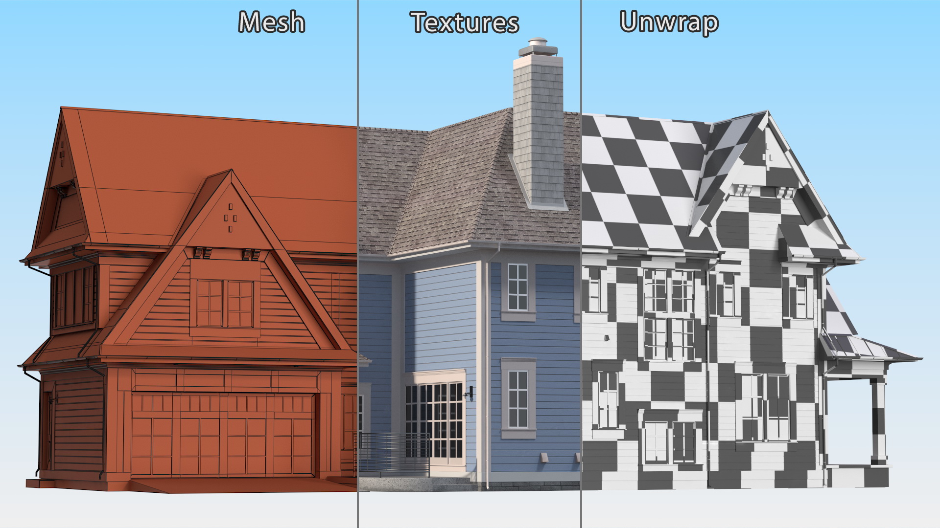 3D model Blue American House Exterior with Garage