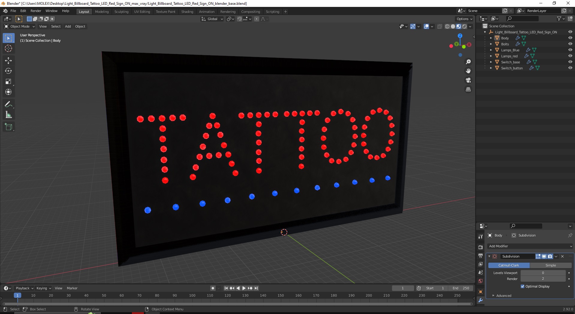 3D Light Billboard Tattoo LED Red Sign ON model