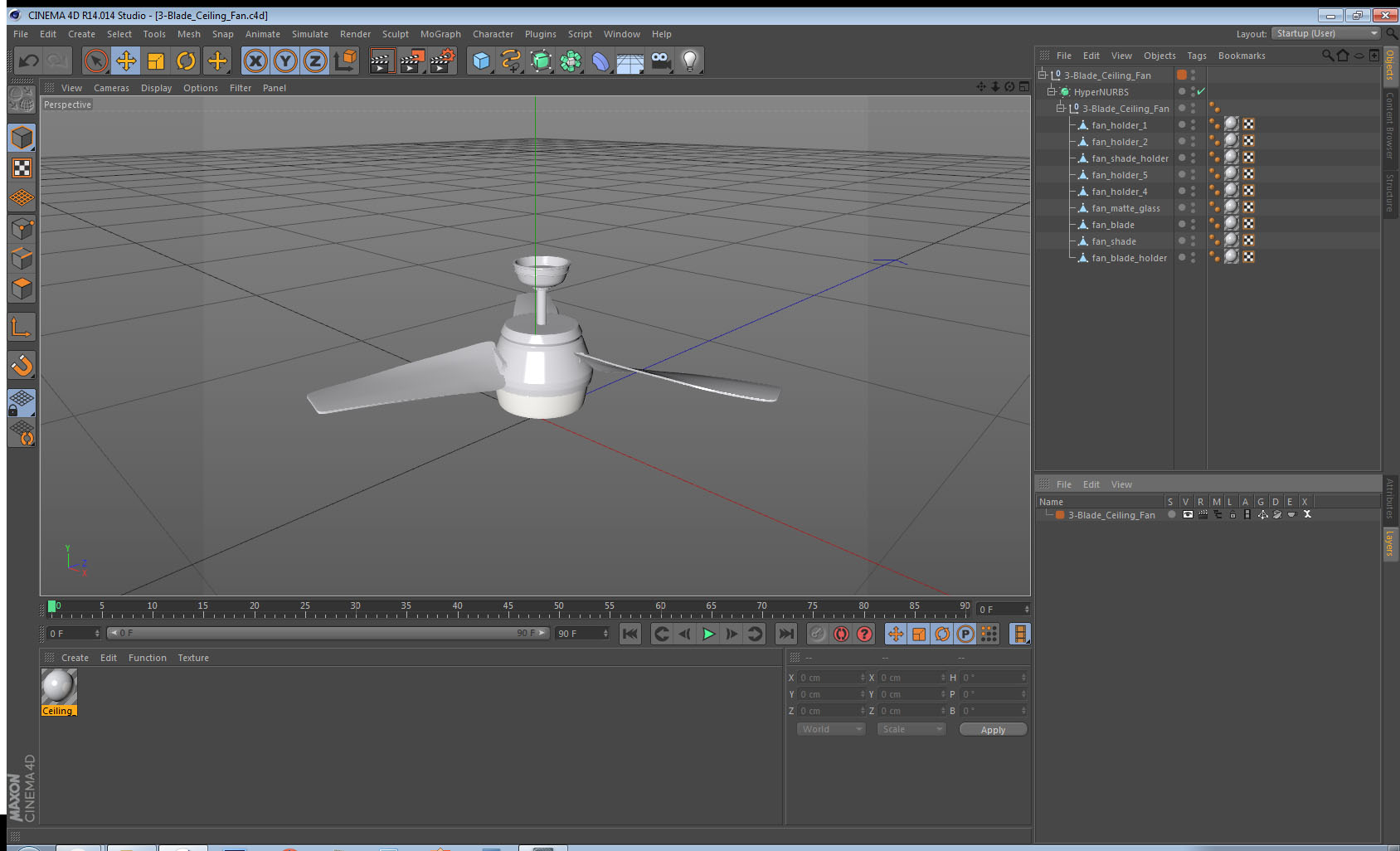 3-Blade Ceiling Fan 3D model