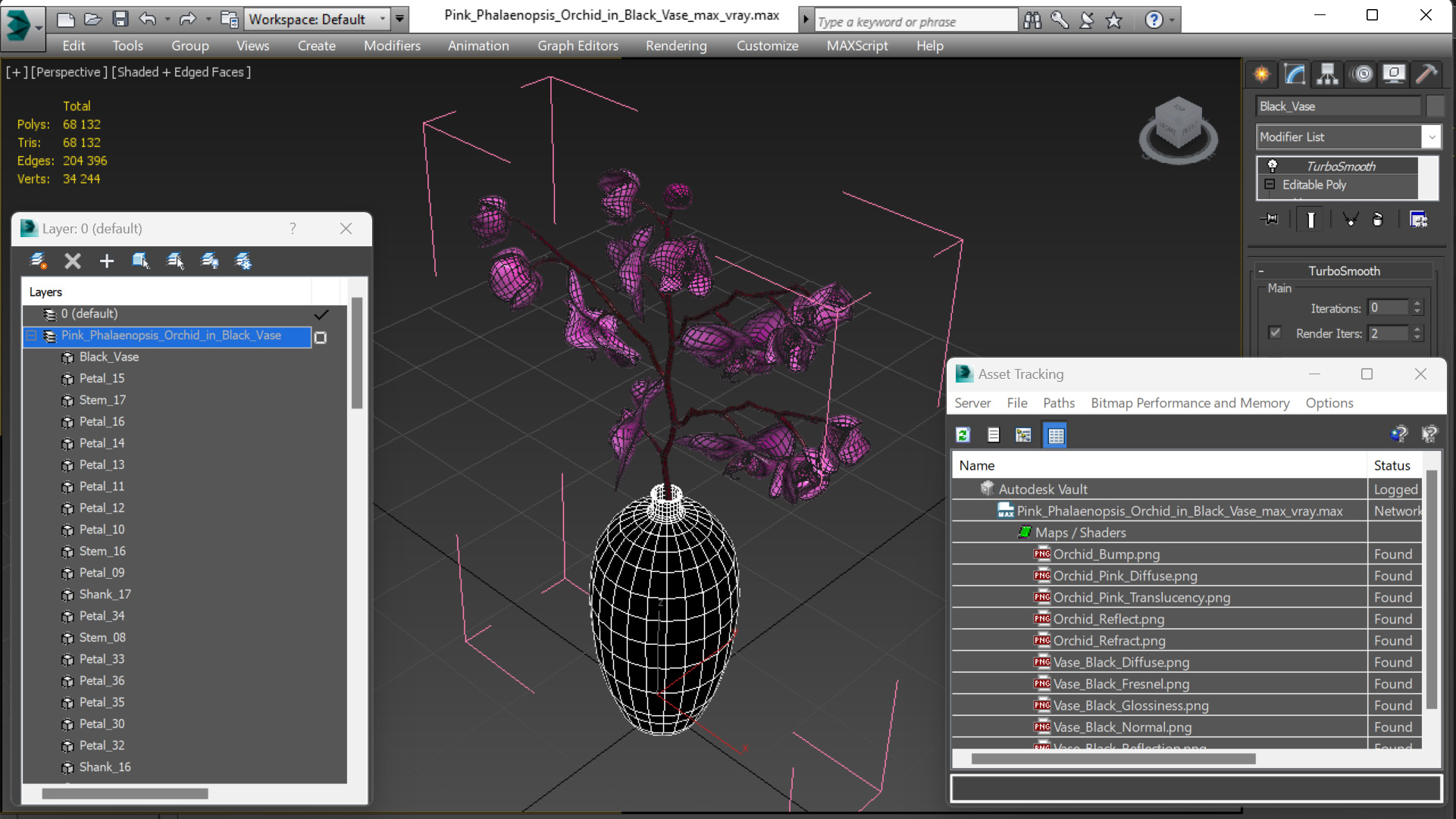 3D Pink Phalaenopsis Orchid in Black Vase model