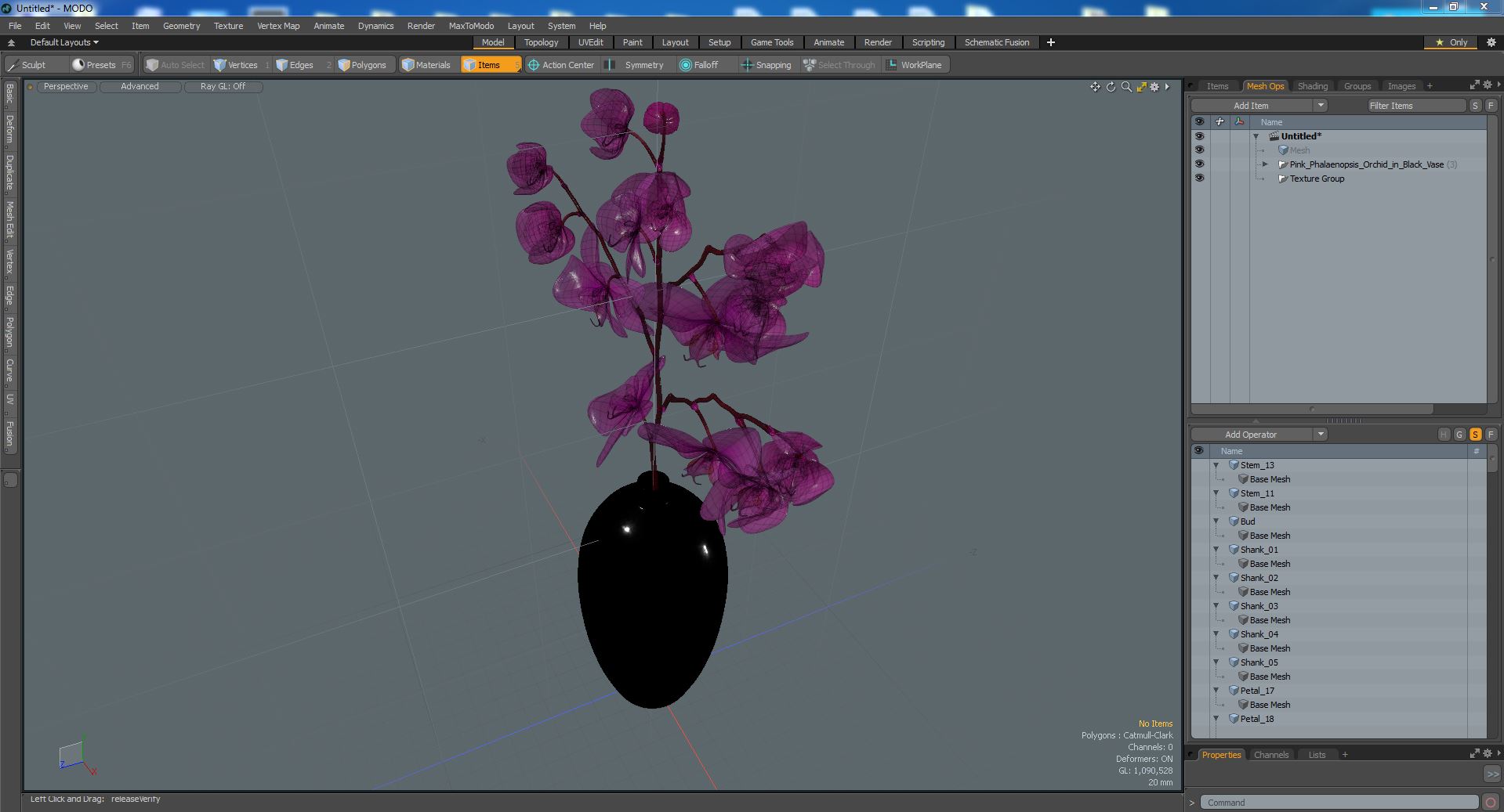 3D Pink Phalaenopsis Orchid in Black Vase model