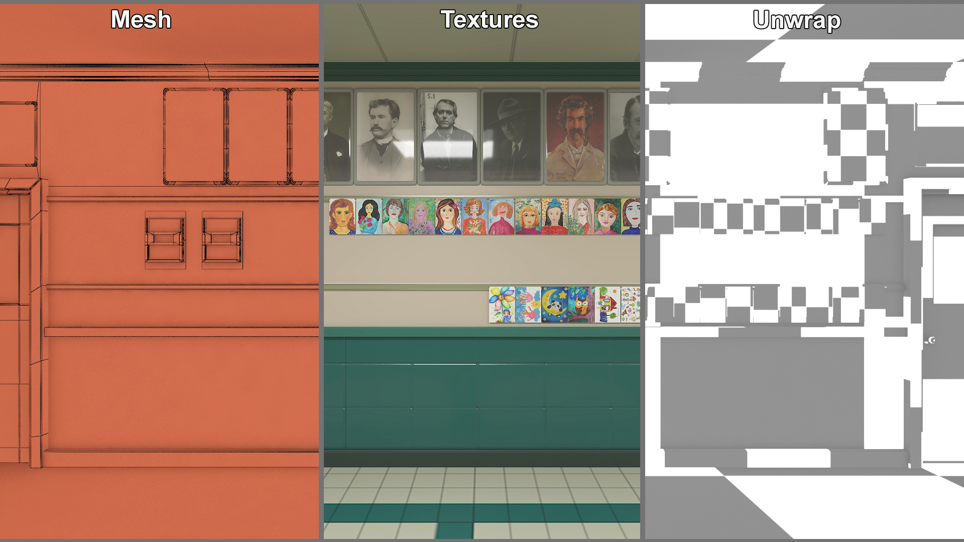 3D School Straight Hallway with Teenagers model