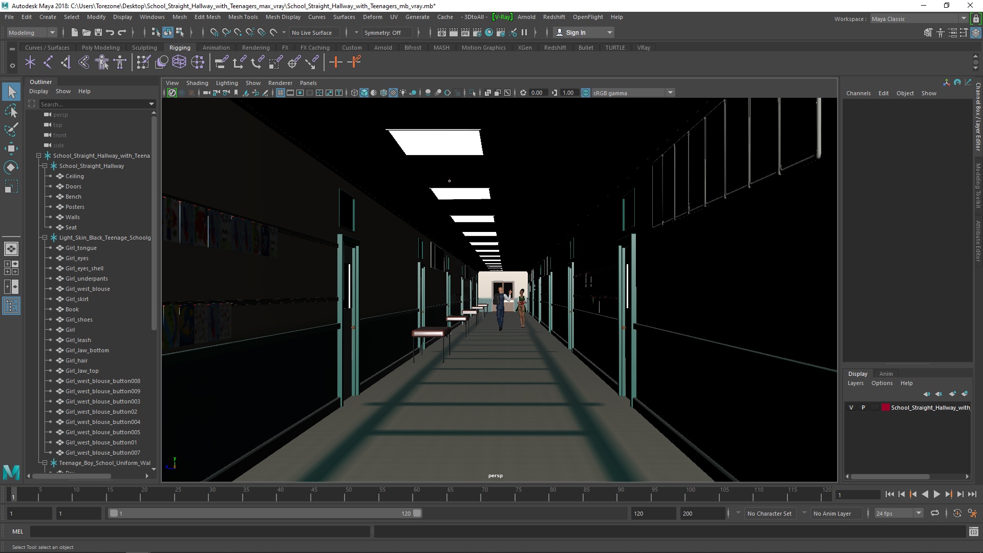 3D School Straight Hallway with Teenagers model