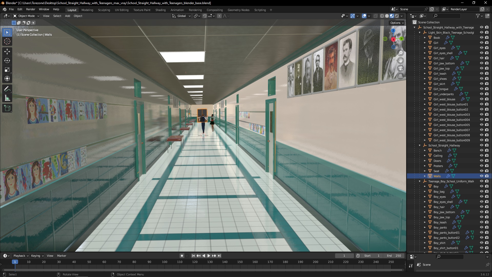 3D School Straight Hallway with Teenagers model