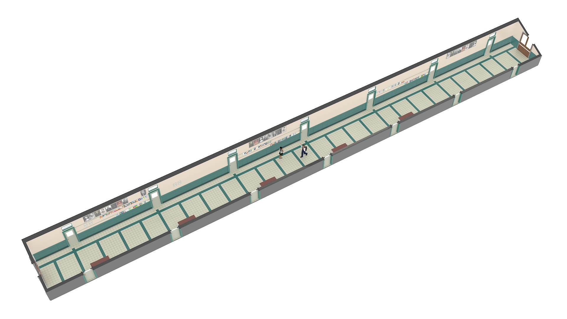3D School Straight Hallway with Teenagers model