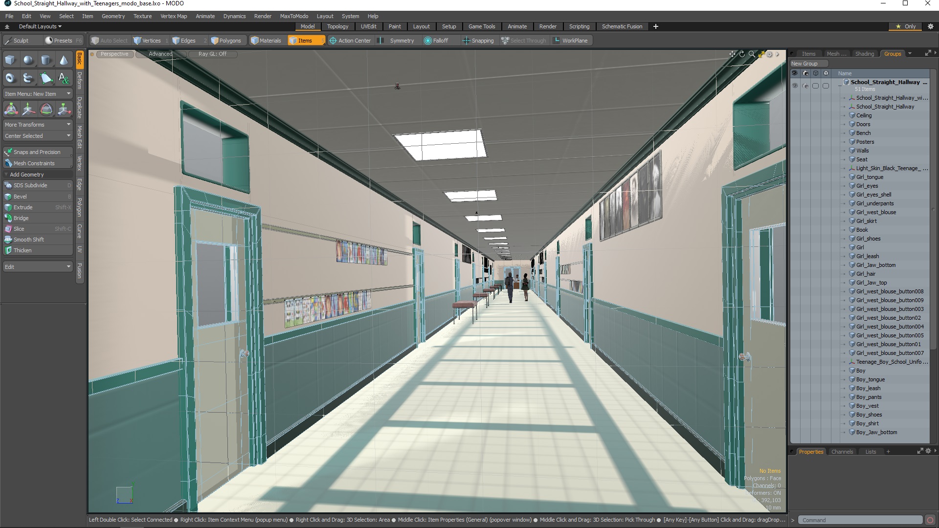 3D School Straight Hallway with Teenagers model