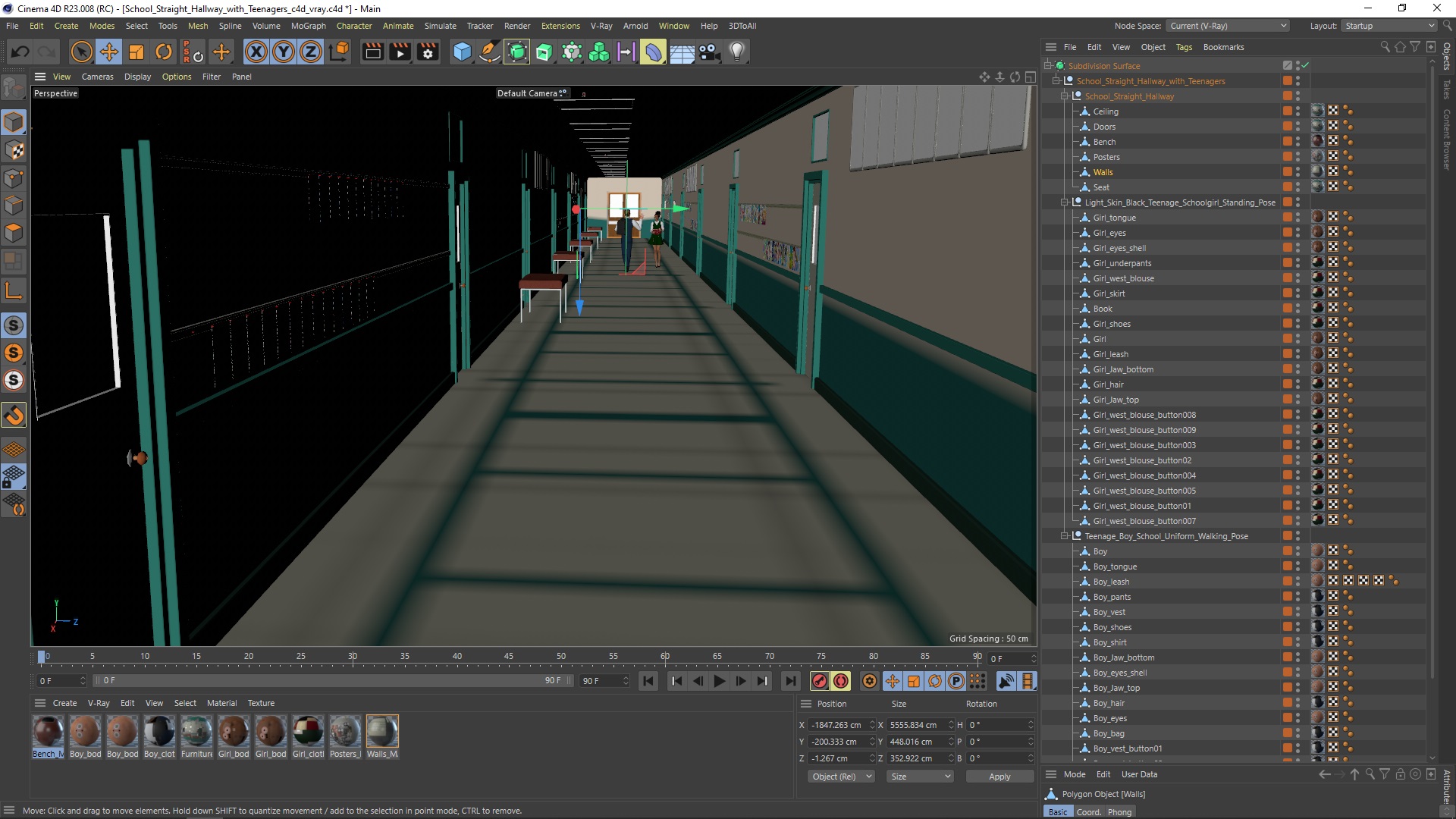 3D School Straight Hallway with Teenagers model