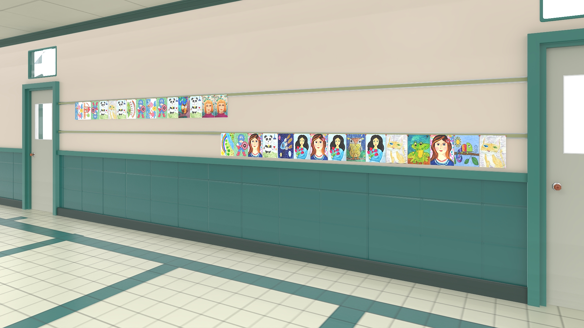 3D School Straight Hallway with Teenagers model