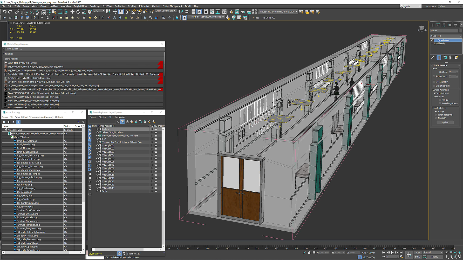 3D School Straight Hallway with Teenagers model