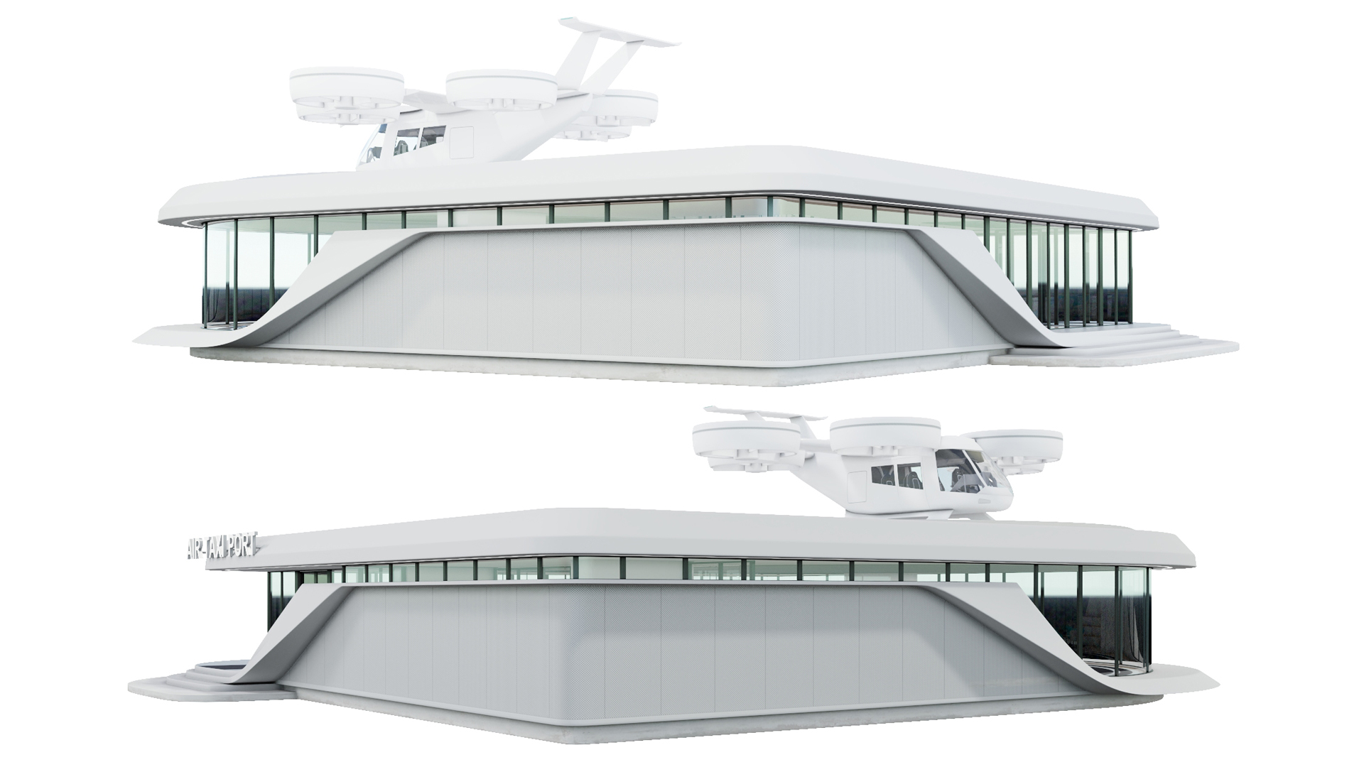 Drone and Air Taxi Port with Passenger Aircraft 3D
