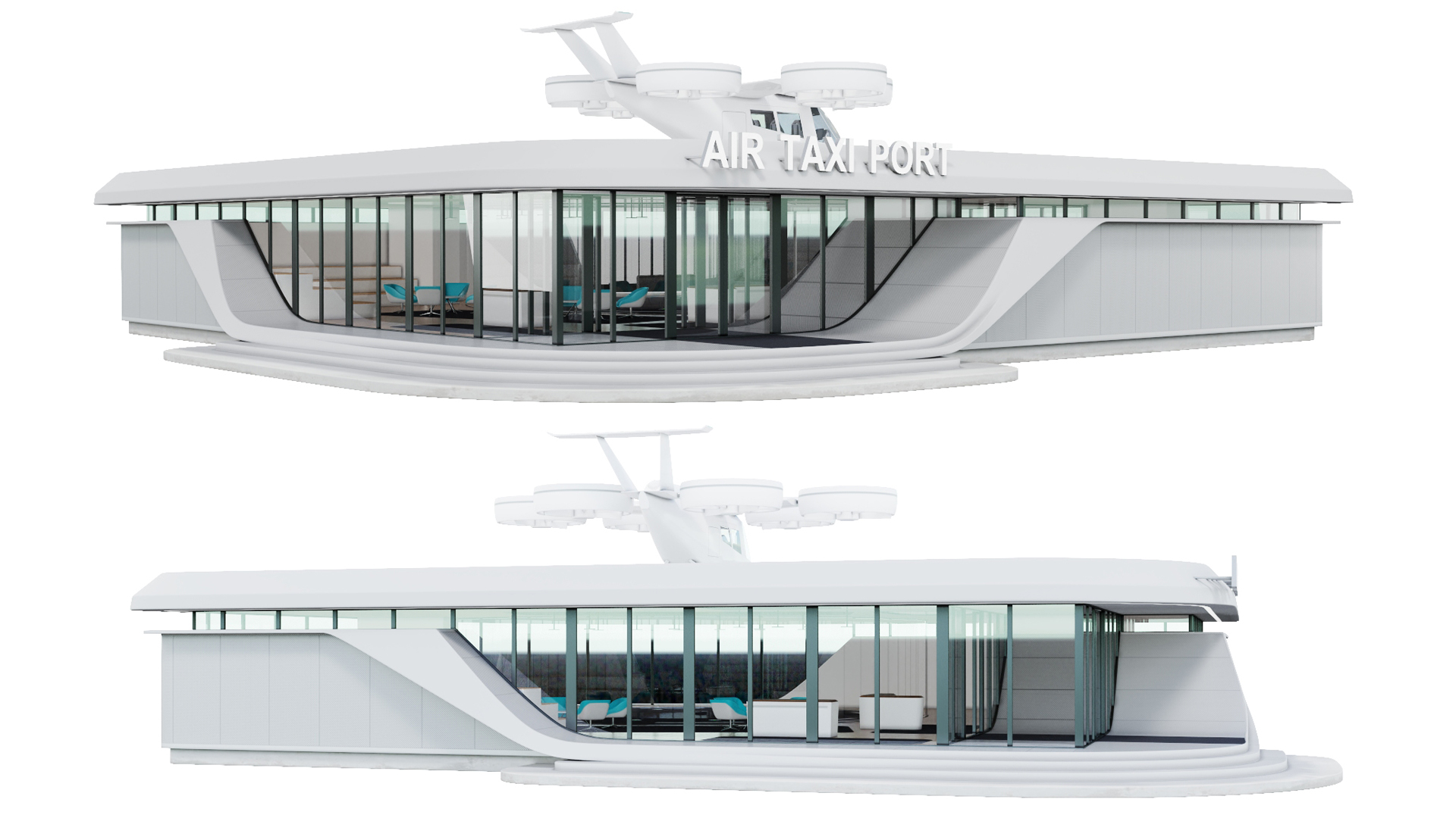 Drone and Air Taxi Port with Passenger Aircraft 3D