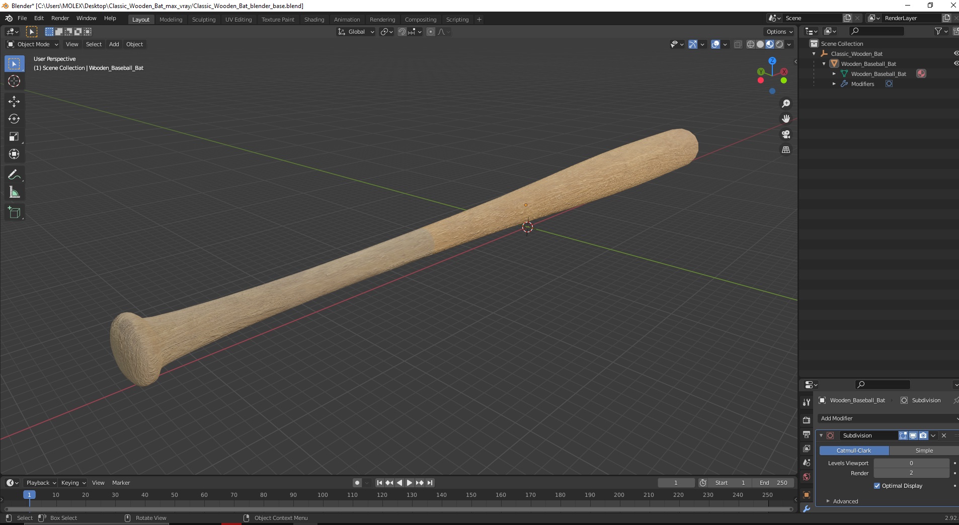 3D Classic Wooden Bat model