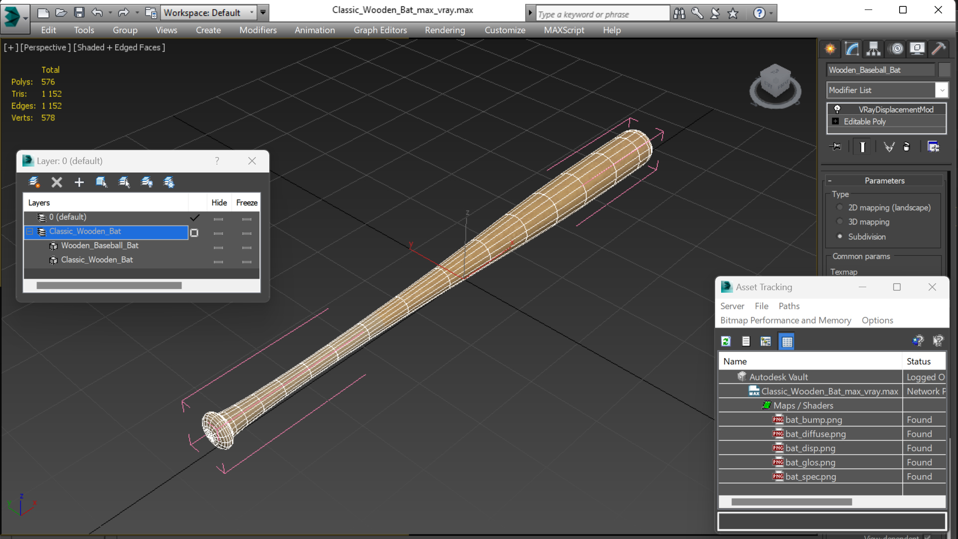3D Classic Wooden Bat model