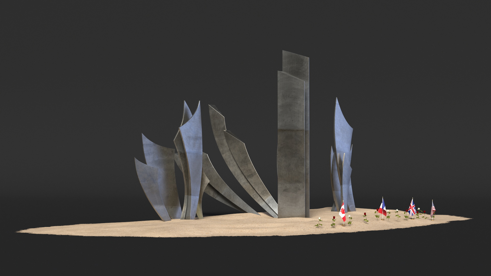Les Braves Memorial with Allied Flags and Flowers 3D model