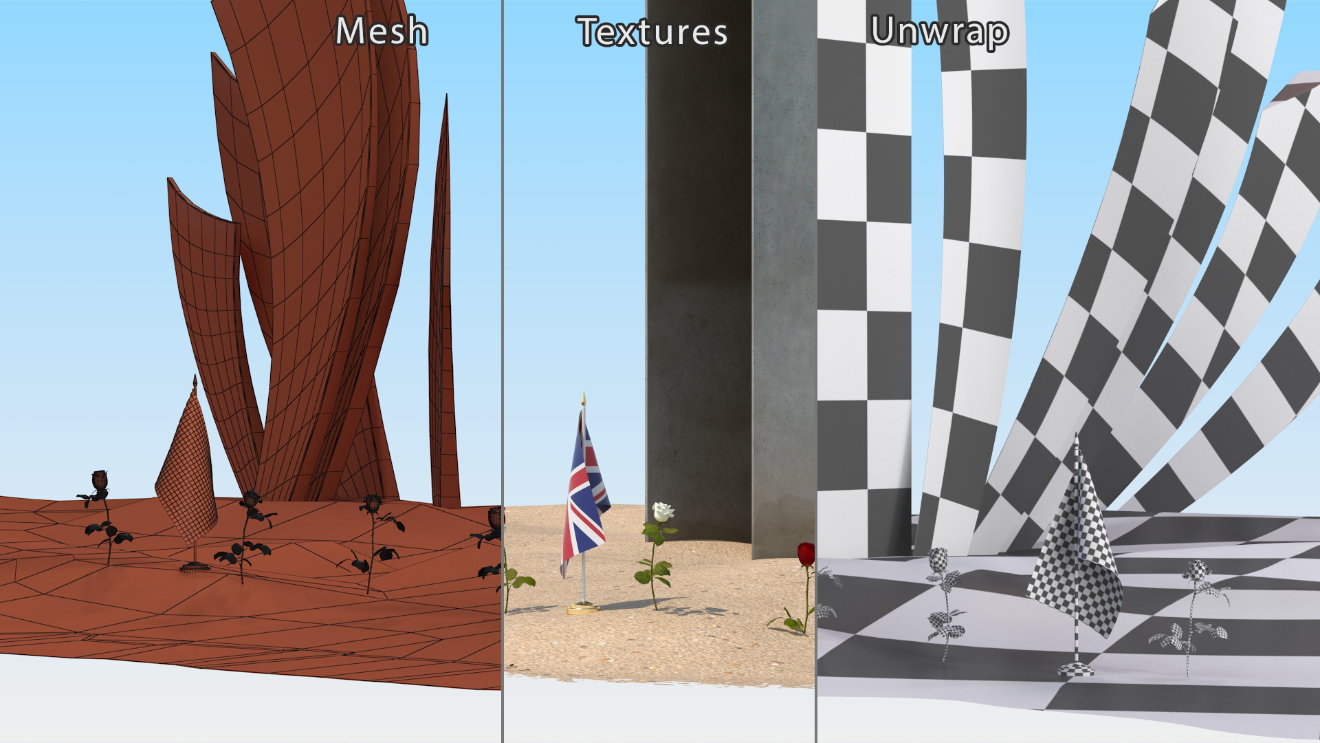 Les Braves Memorial with Allied Flags and Flowers 3D model