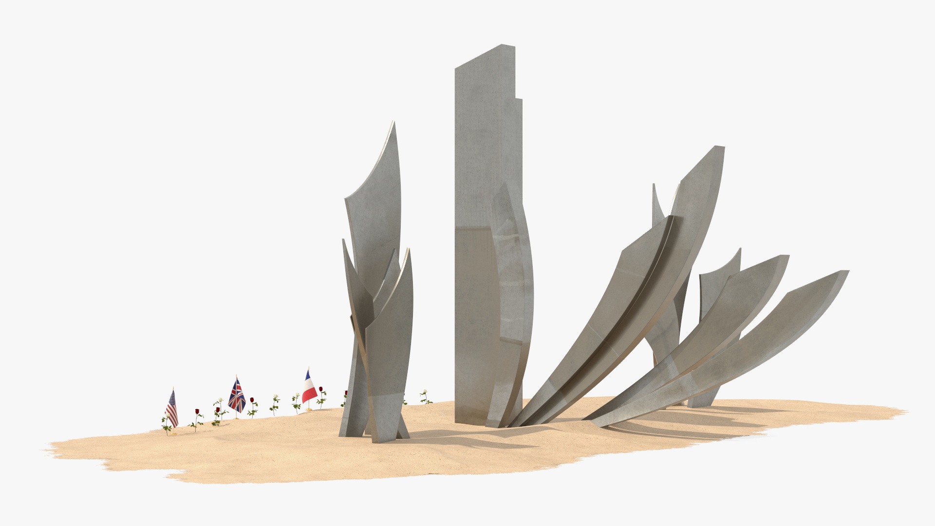 Les Braves Memorial with Allied Flags and Flowers 3D model