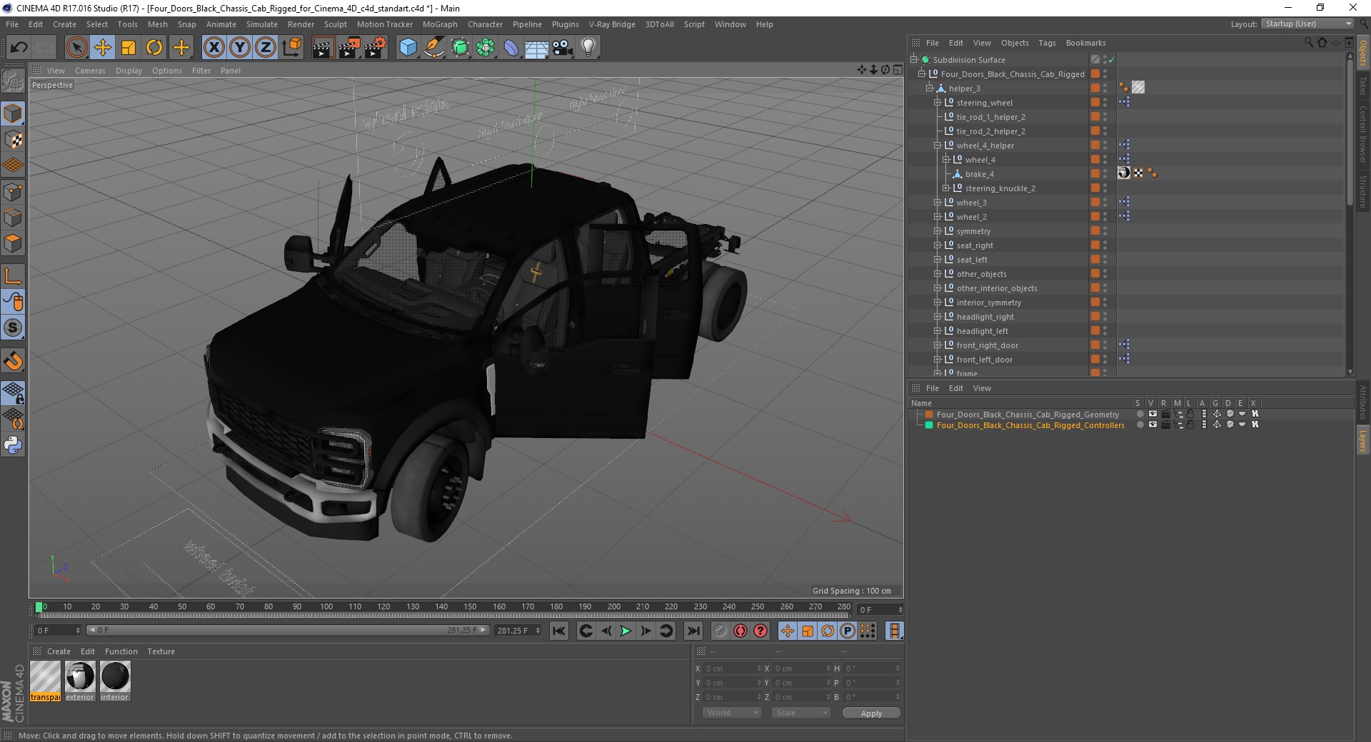 Four Doors Black Chassis Cab Rigged for Cinema 4D 3D model