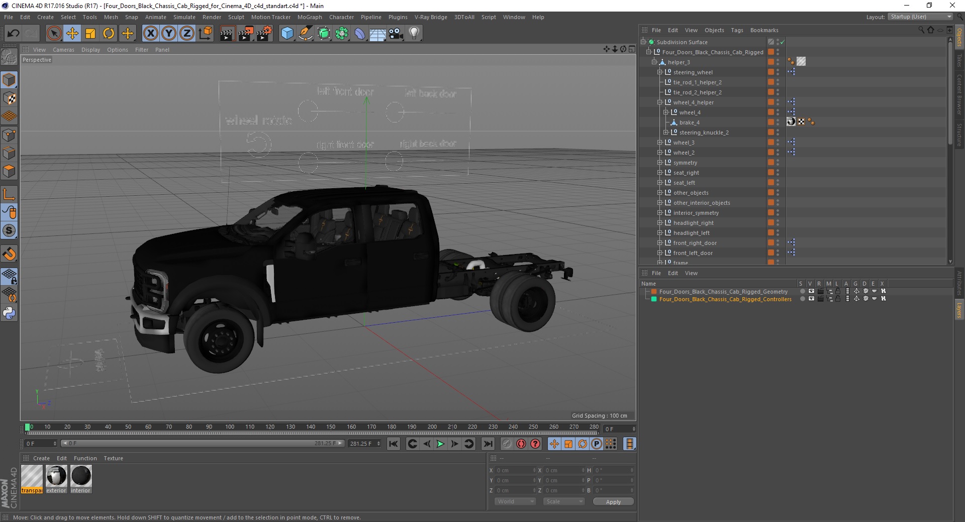 Four Doors Black Chassis Cab Rigged for Cinema 4D 3D model
