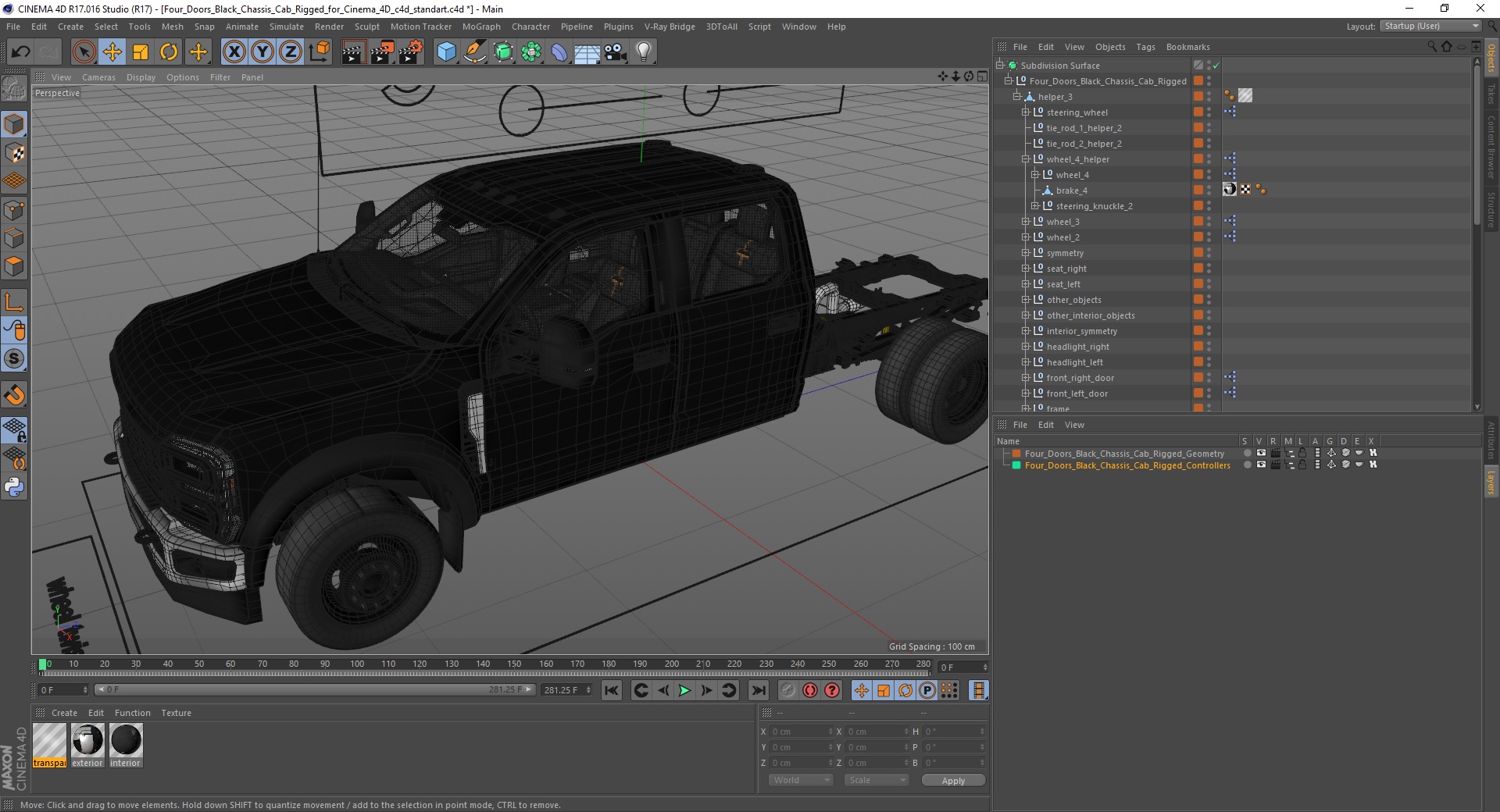 Four Doors Black Chassis Cab Rigged for Cinema 4D 3D model