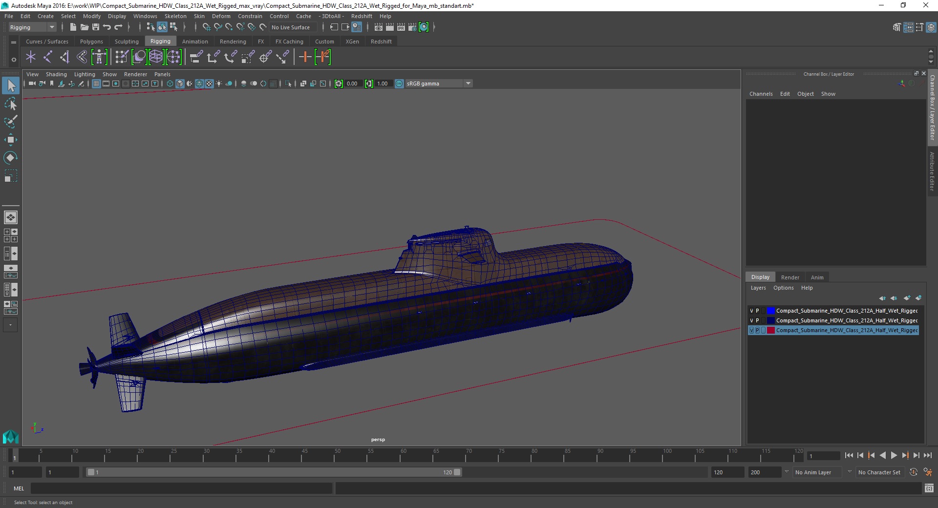 Compact Submarine HDW Class 212A Wet Rigged for Maya 3D