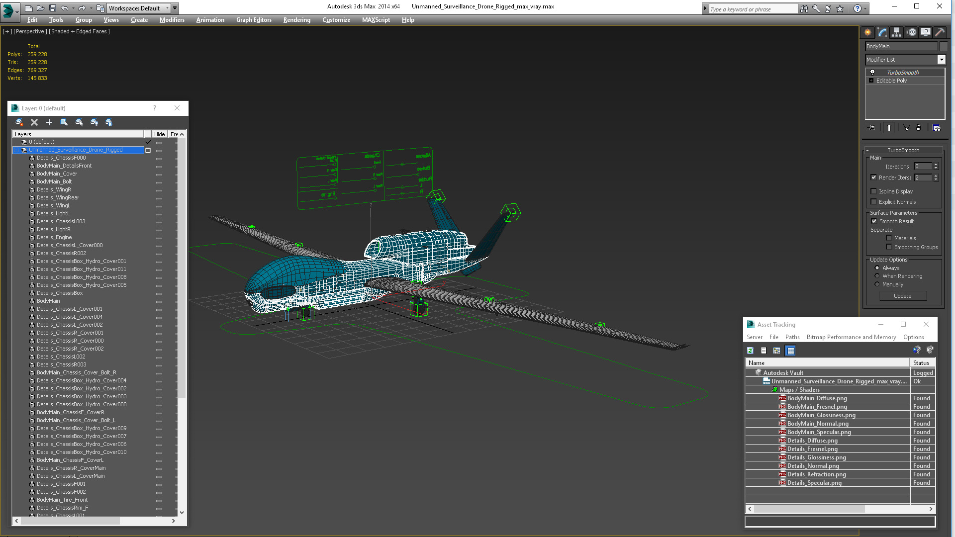 3D Unmanned Surveillance Drone Rigged for Cinema 4D model