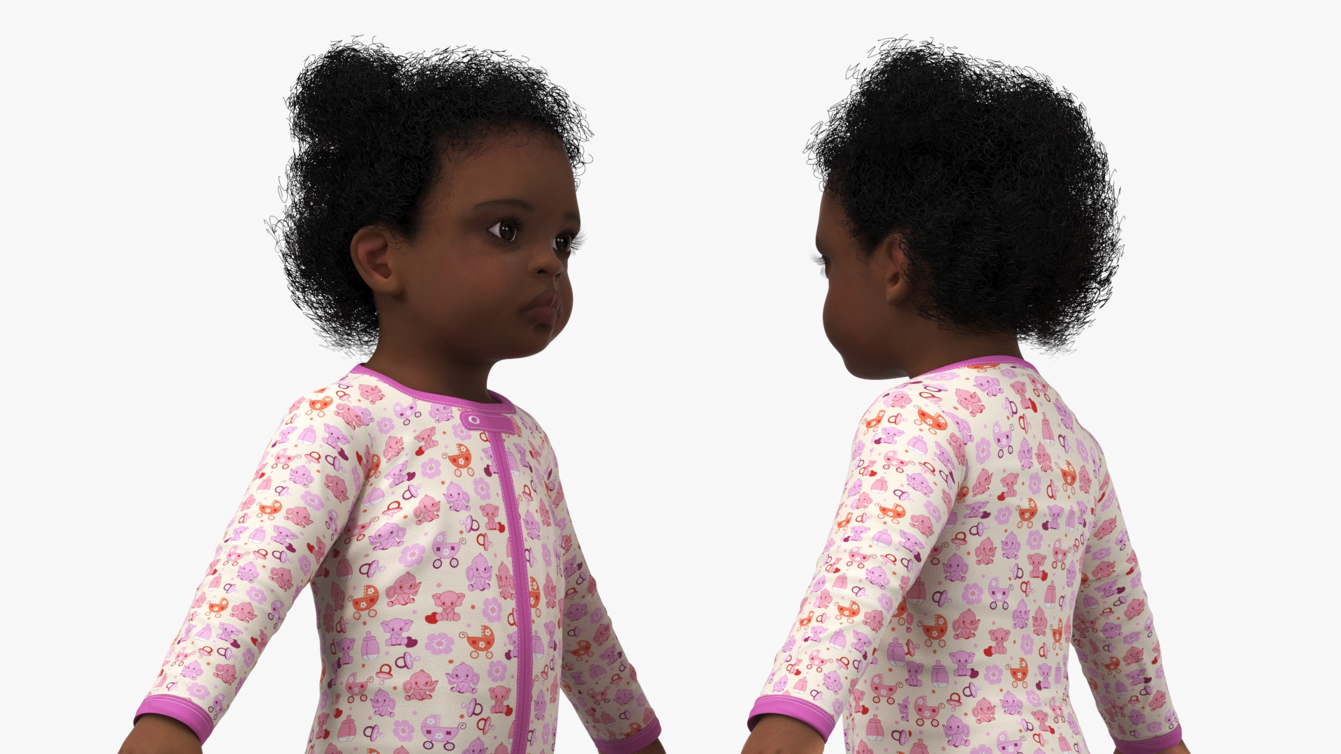 3D model Black Baby Girl Light Skin in Full Bodysuit A-Pose