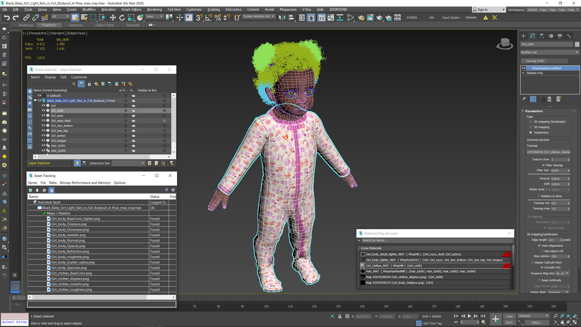 3D model Black Baby Girl Light Skin in Full Bodysuit A-Pose