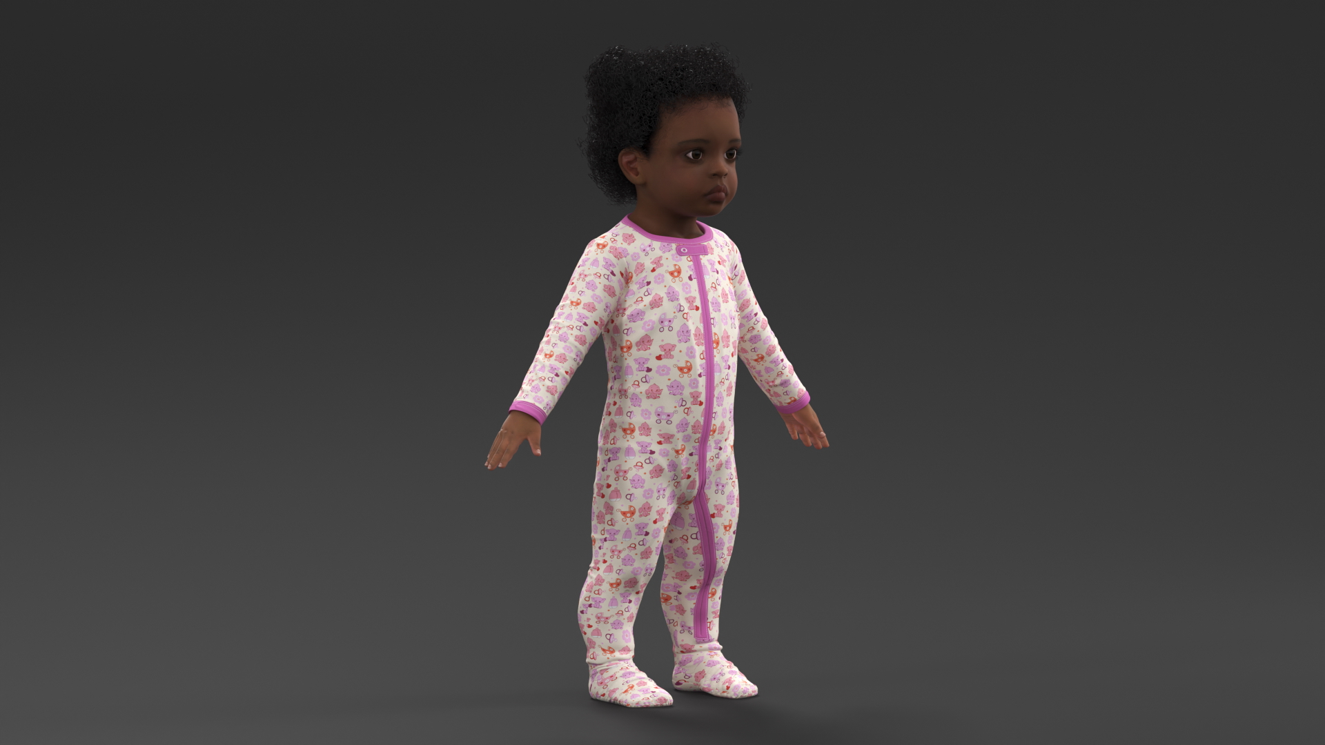 3D model Black Baby Girl Light Skin in Full Bodysuit A-Pose