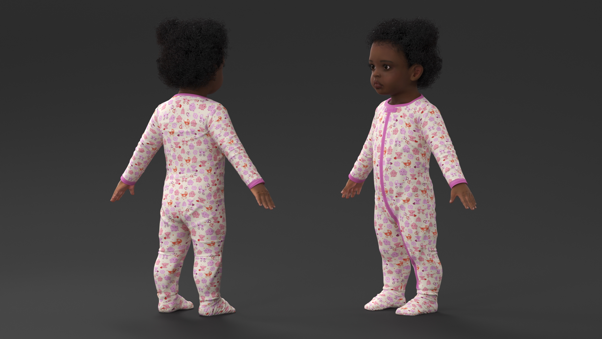 3D model Black Baby Girl Light Skin in Full Bodysuit A-Pose