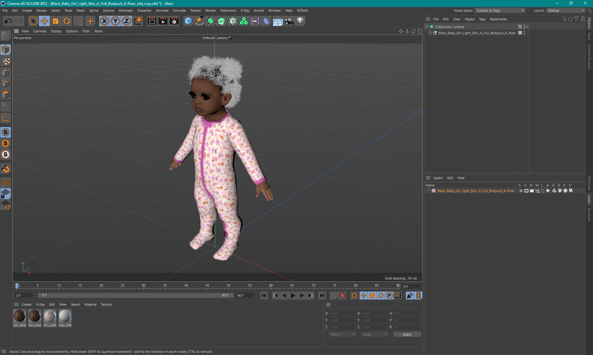 3D model Black Baby Girl Light Skin in Full Bodysuit A-Pose