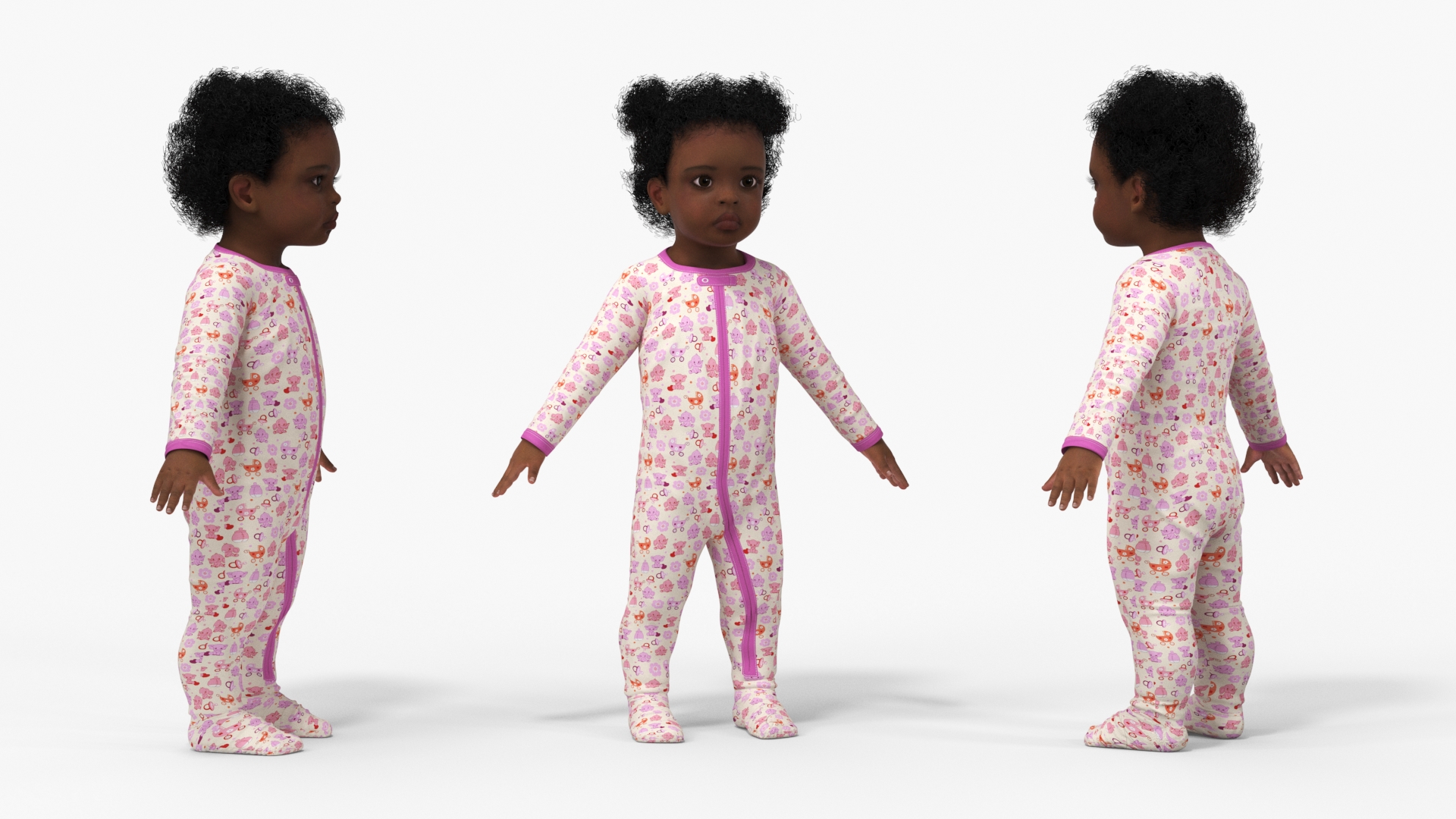 3D model Black Baby Girl Light Skin in Full Bodysuit A-Pose