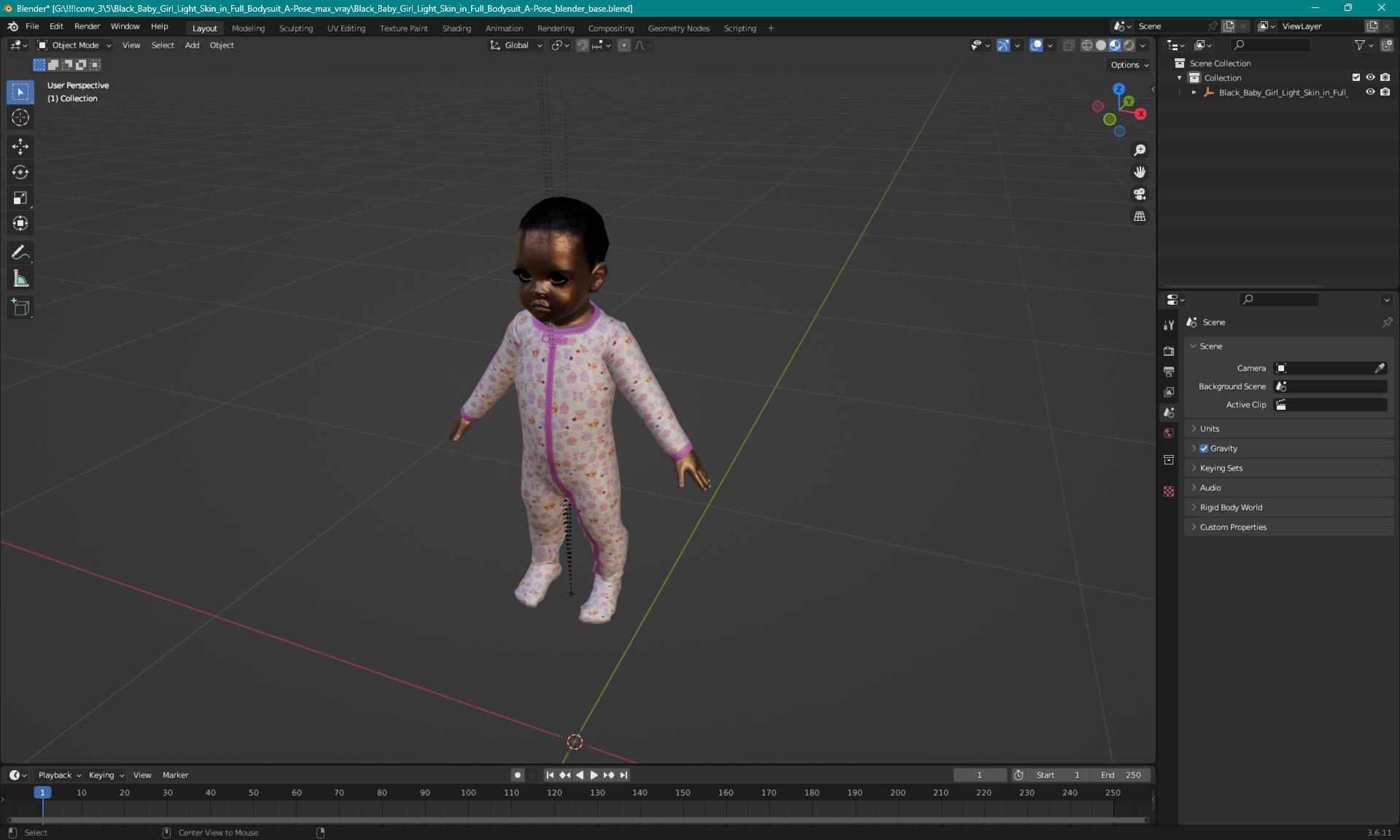 3D model Black Baby Girl Light Skin in Full Bodysuit A-Pose